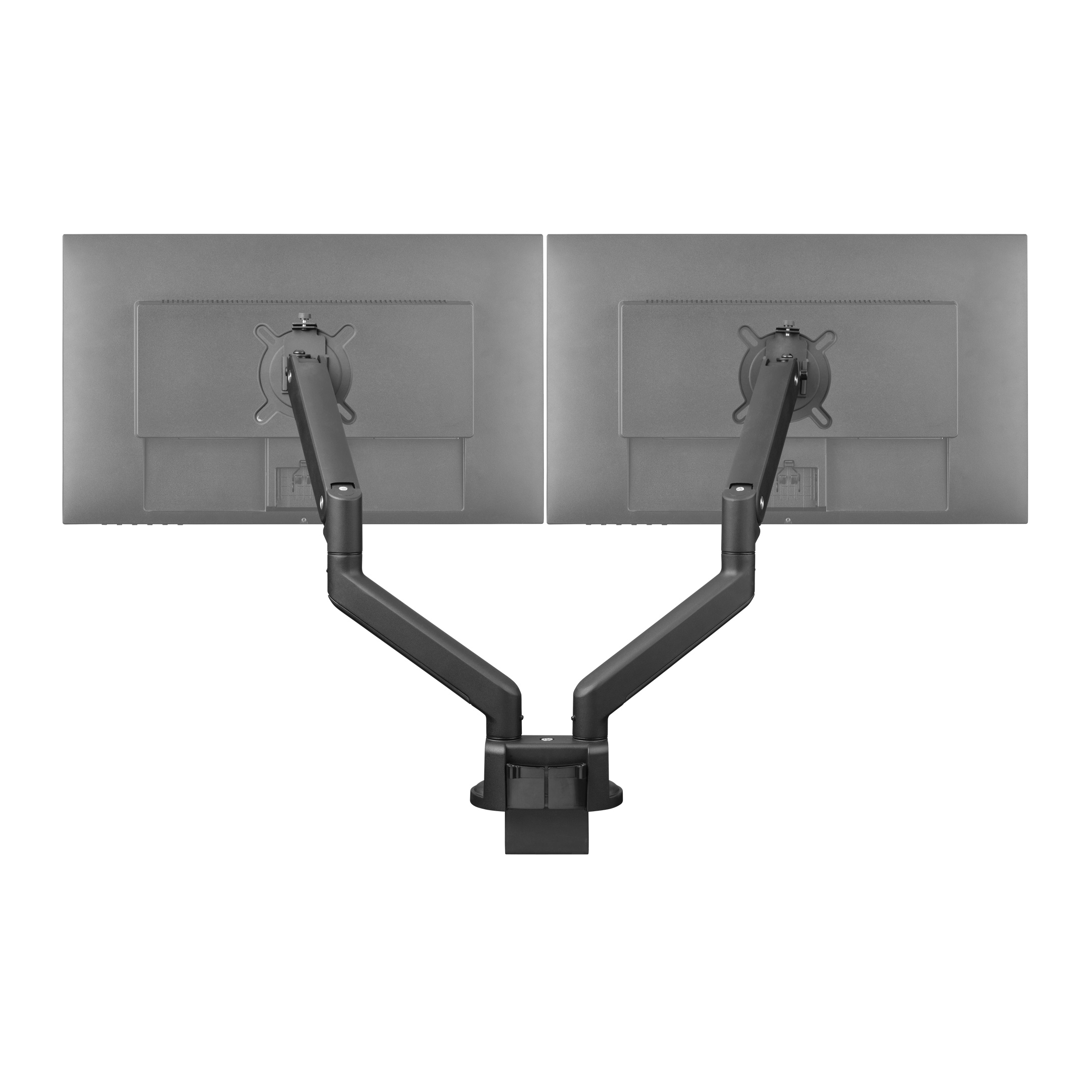 Two black monitor arms supporting two monitors, viewed from the back. They are mounted on a base.