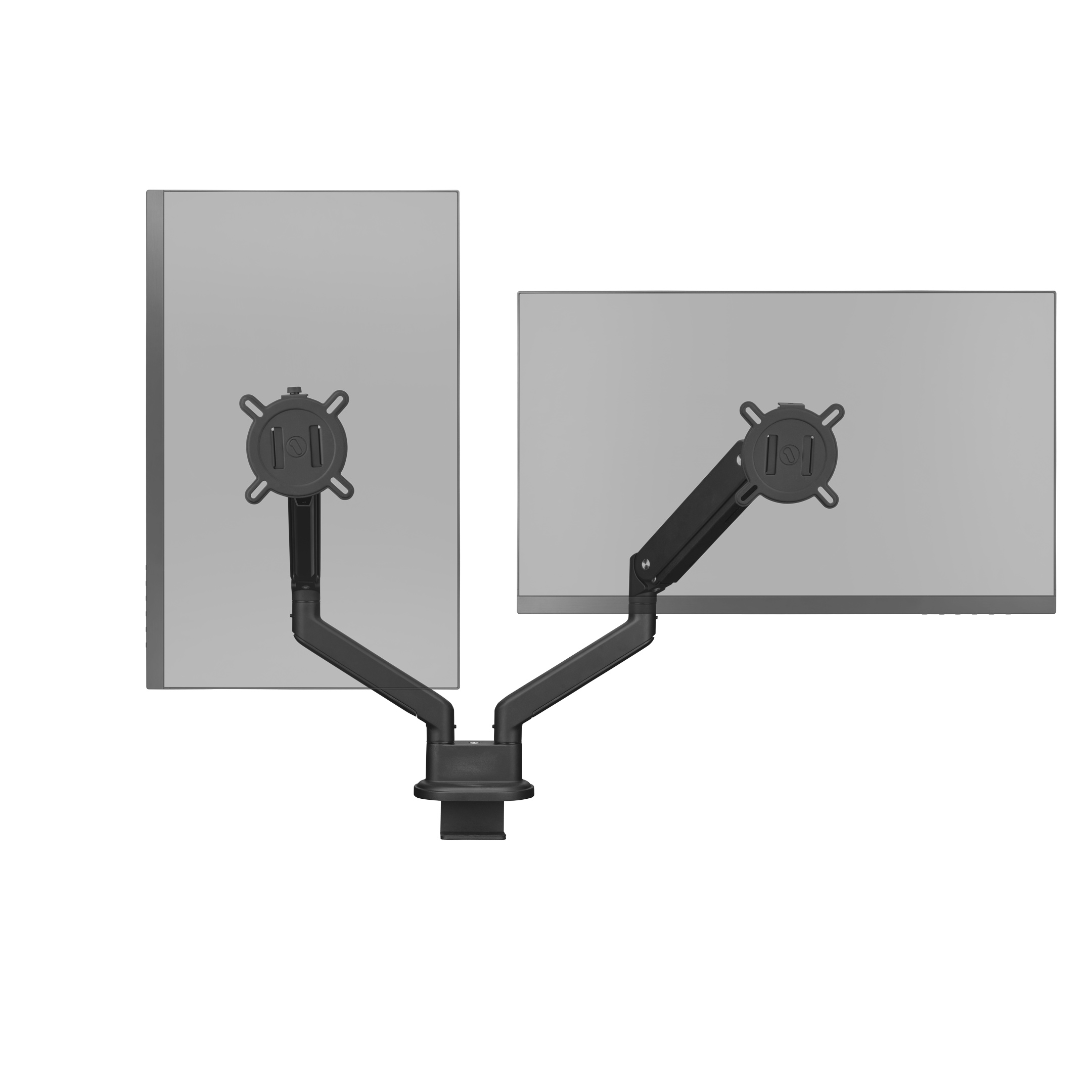 Dual monitor mount, monitors, black arms and a base clamp.