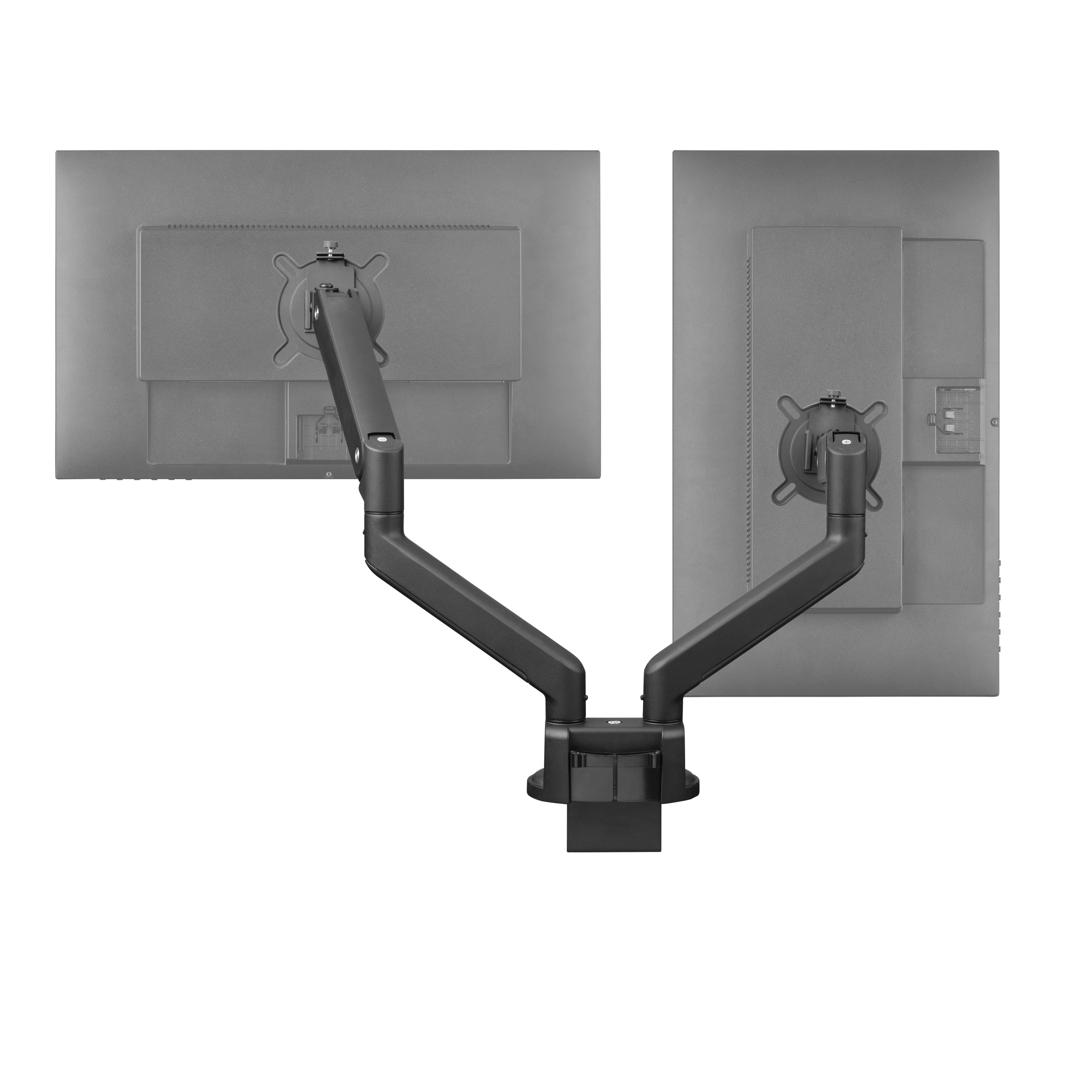 Dual monitor arm from above. Two monitors mounted, black color. White background.