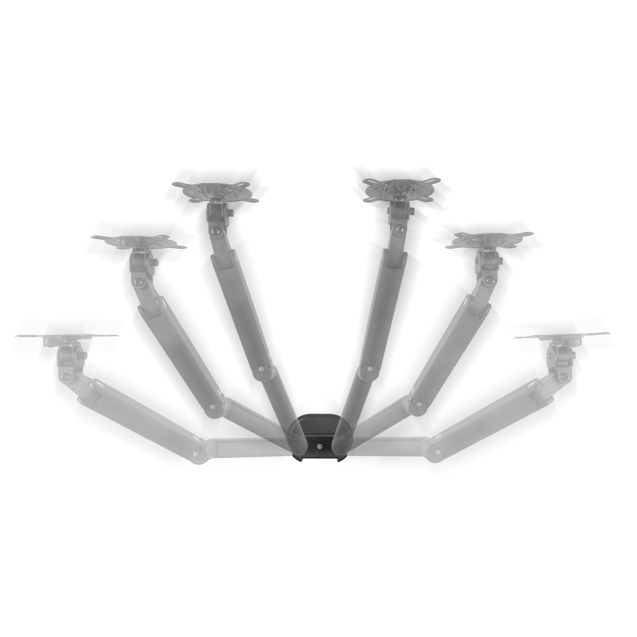 A black ceiling mount with multiple articulated arms, against a white background.