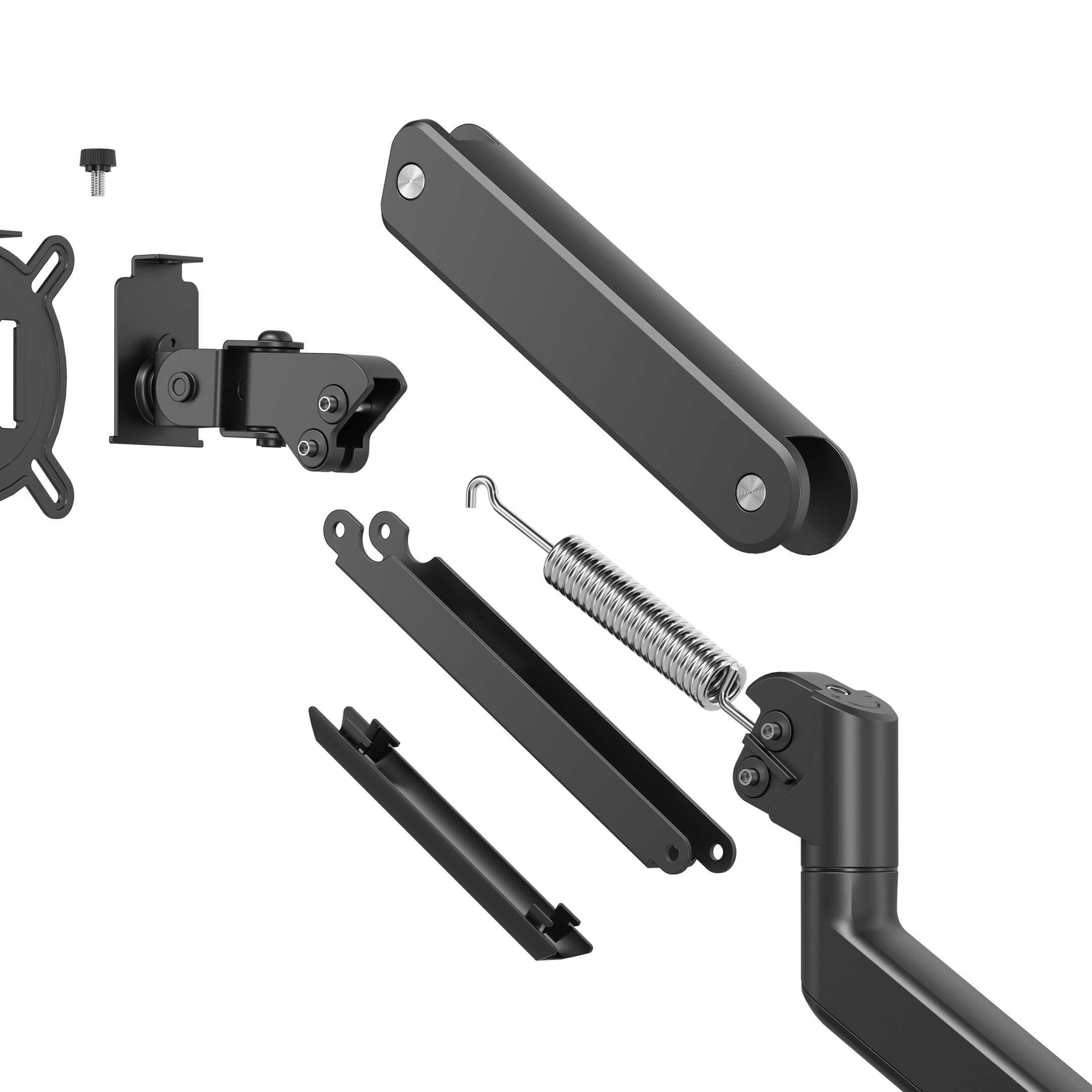 Zdemontowane czarne elementy ramienia monitora, w tym sprężyna i płyty montażowe.