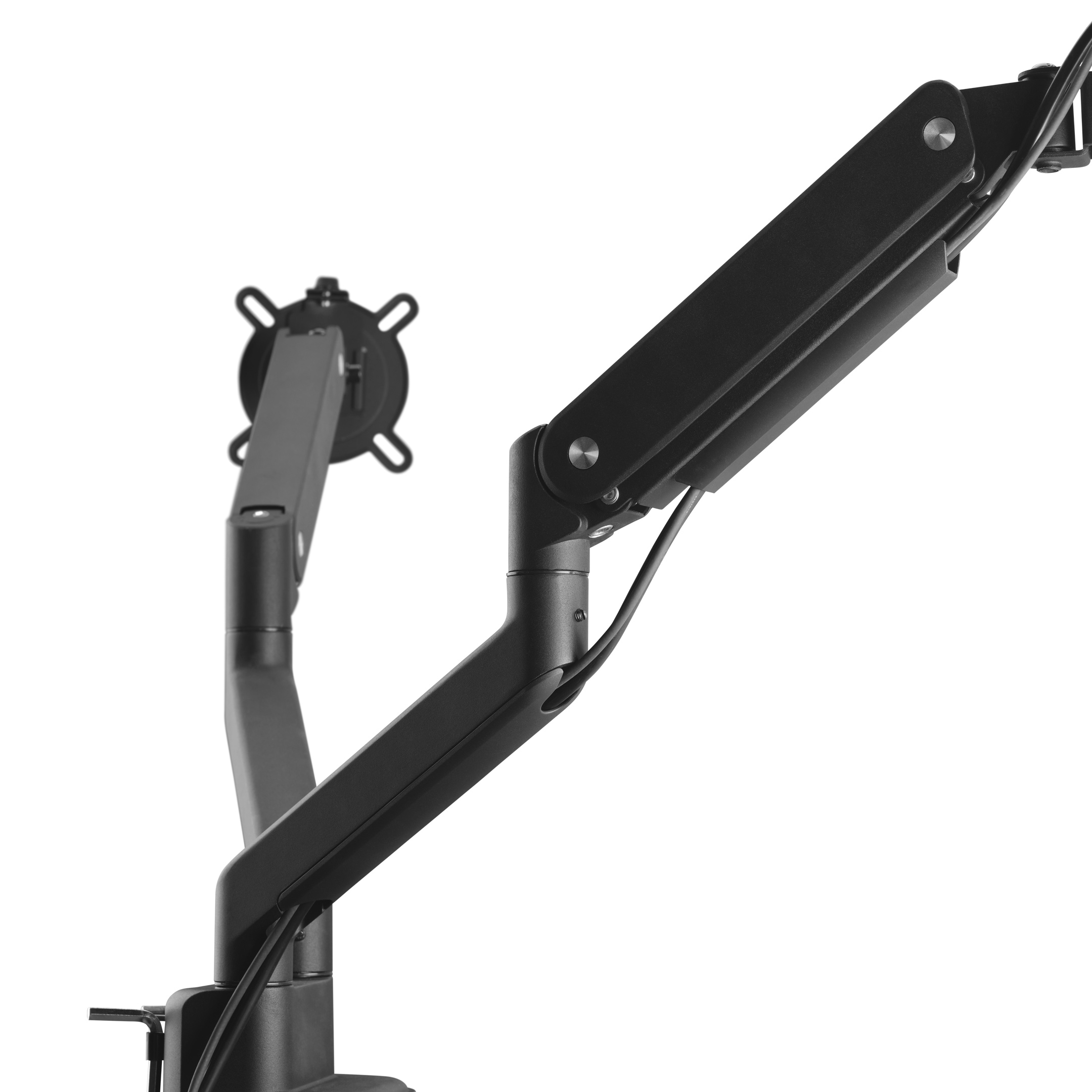 Zwarte monitorarm met twee gewrichten. De arm is bevestigd aan een zwarte basis.