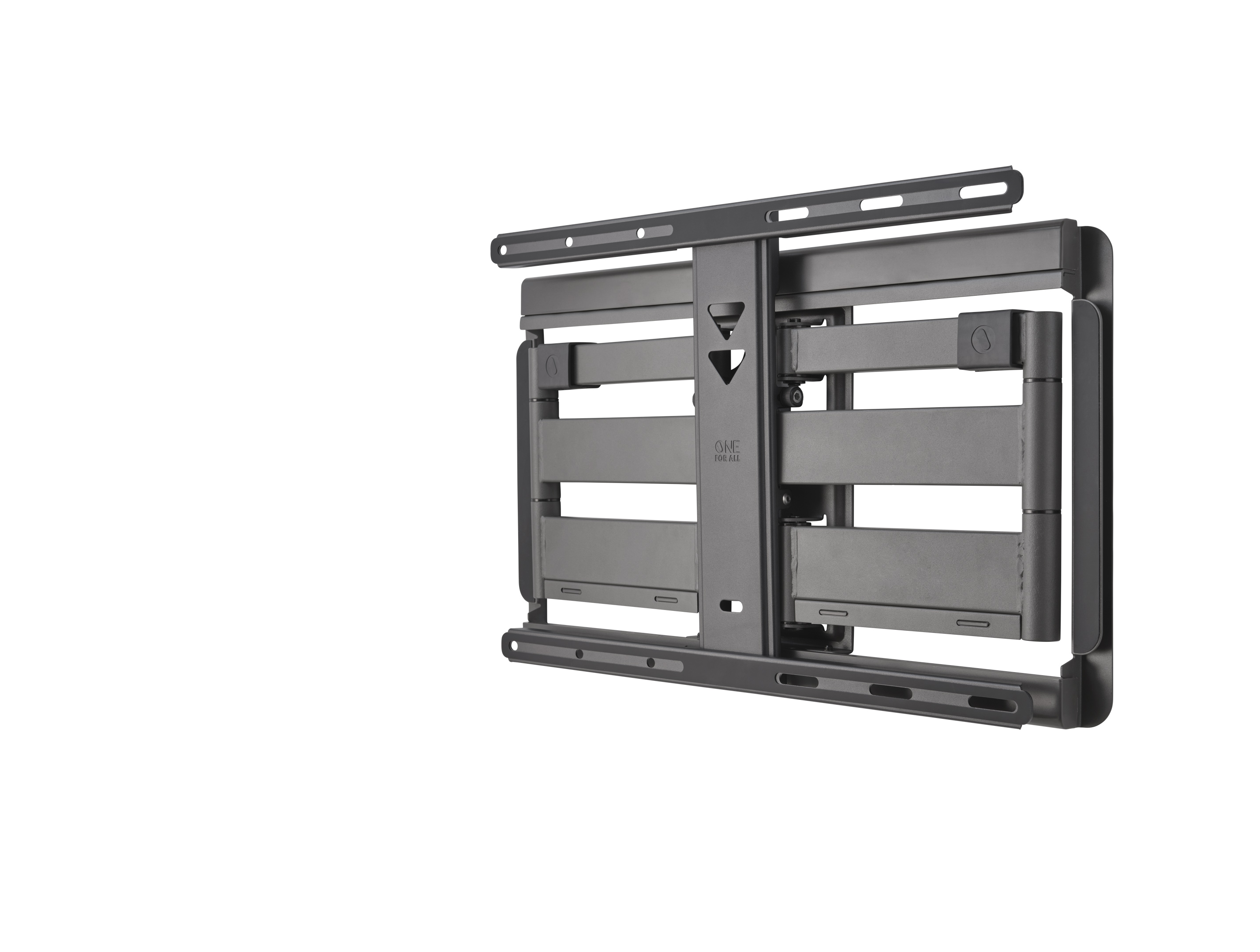 Black TV wall mount with adjustable arms and mounting hardware, white background.