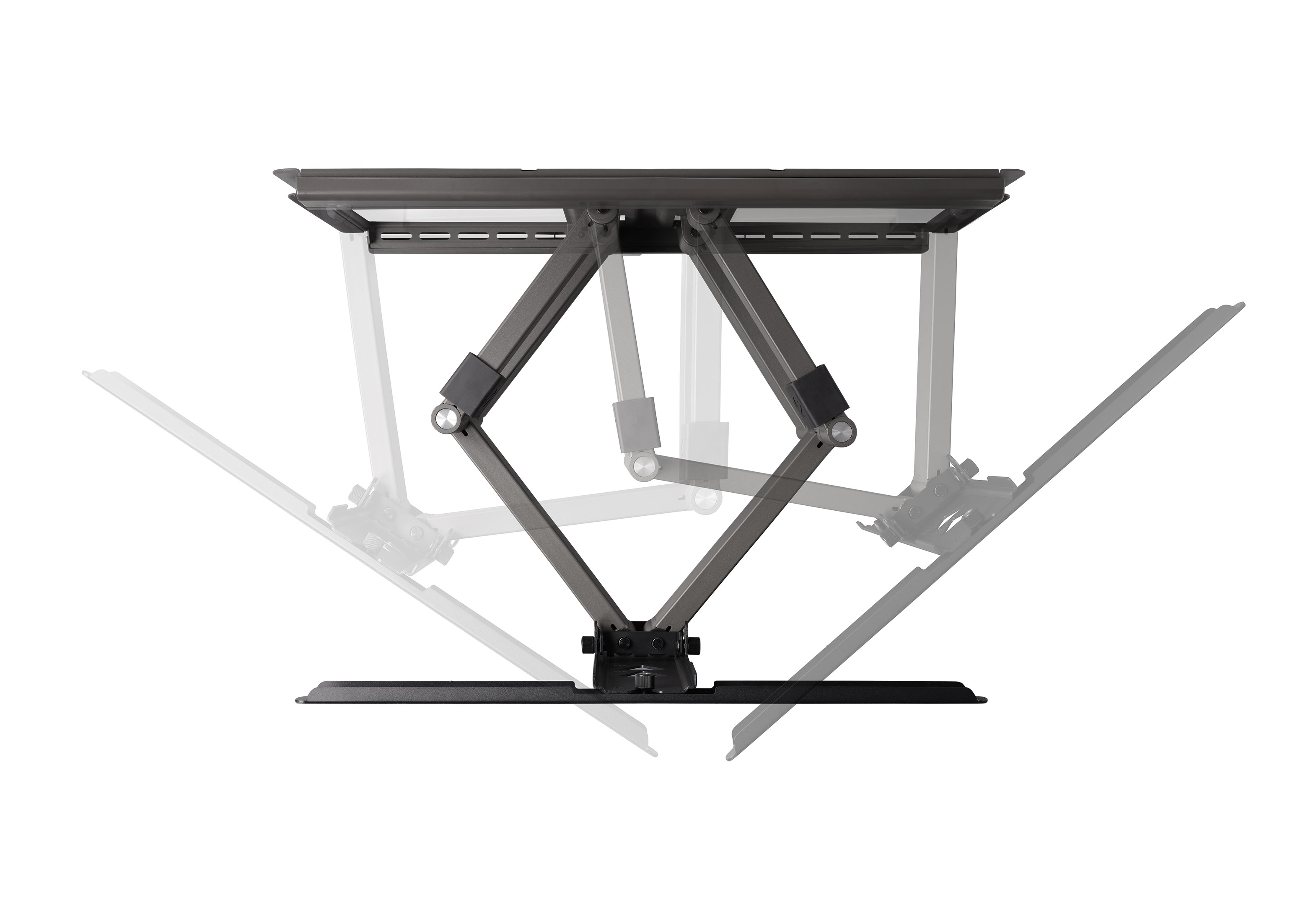Black monitor arm with multiple points of articulation, shown at different angles against a white background.