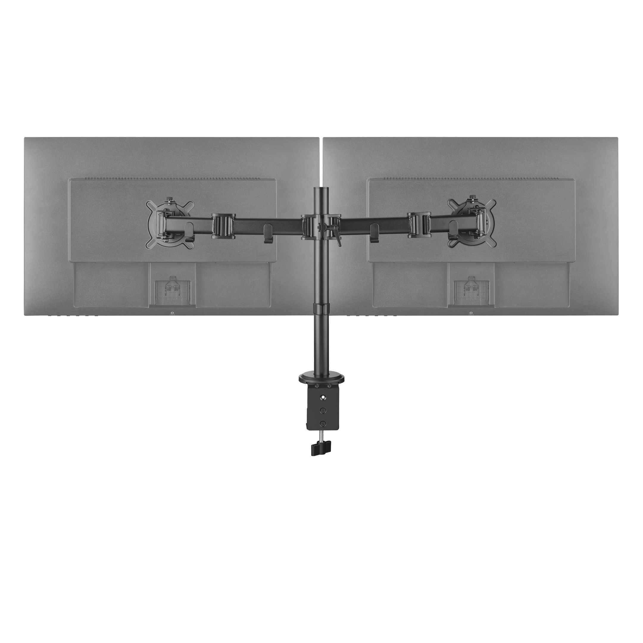 Uchwyt na dwa monitory, dwa monitory, czarne ramiona i zacisk.