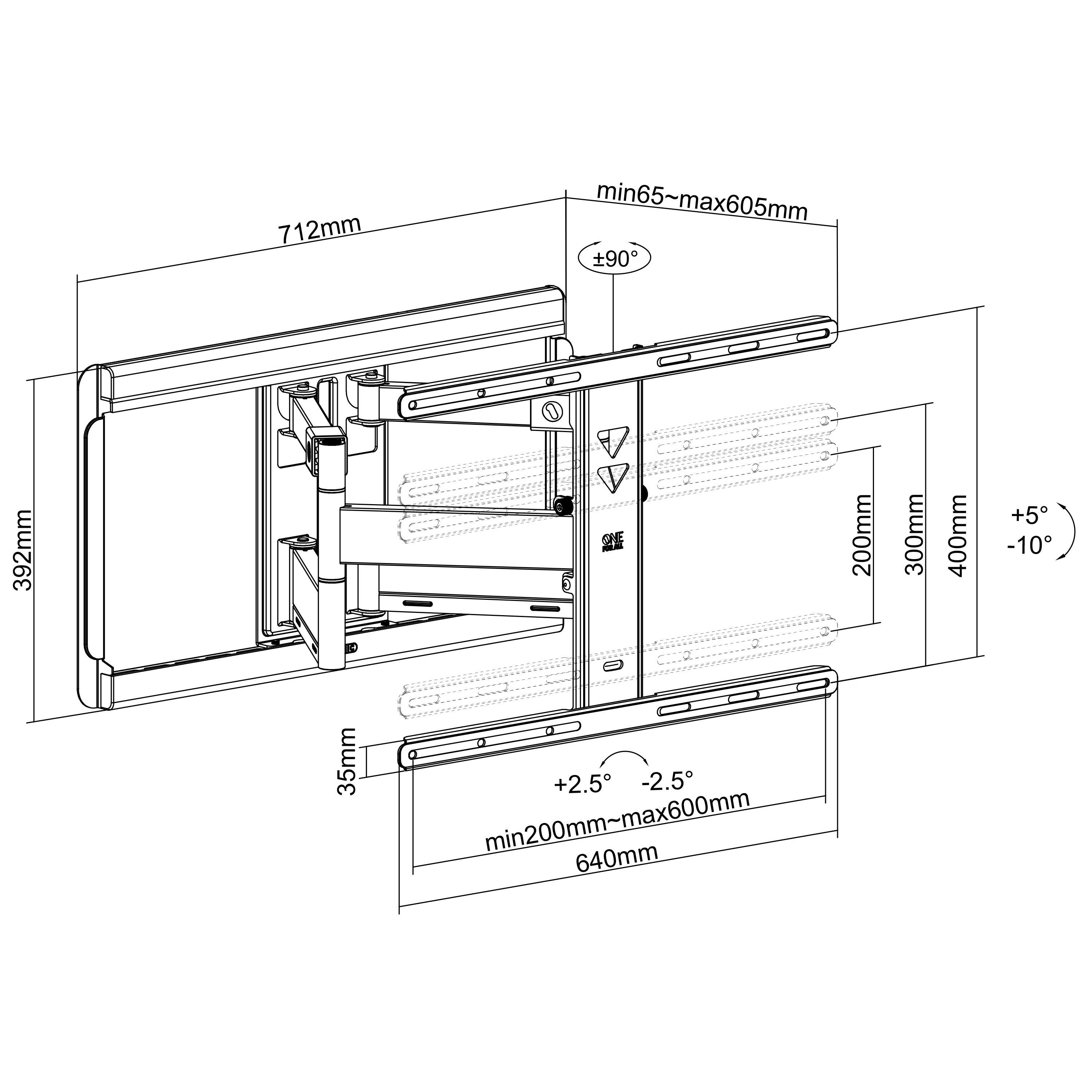 Technical drawing of a TV wall mount. It includes dimensions and angles, in a line-art style on a white background.