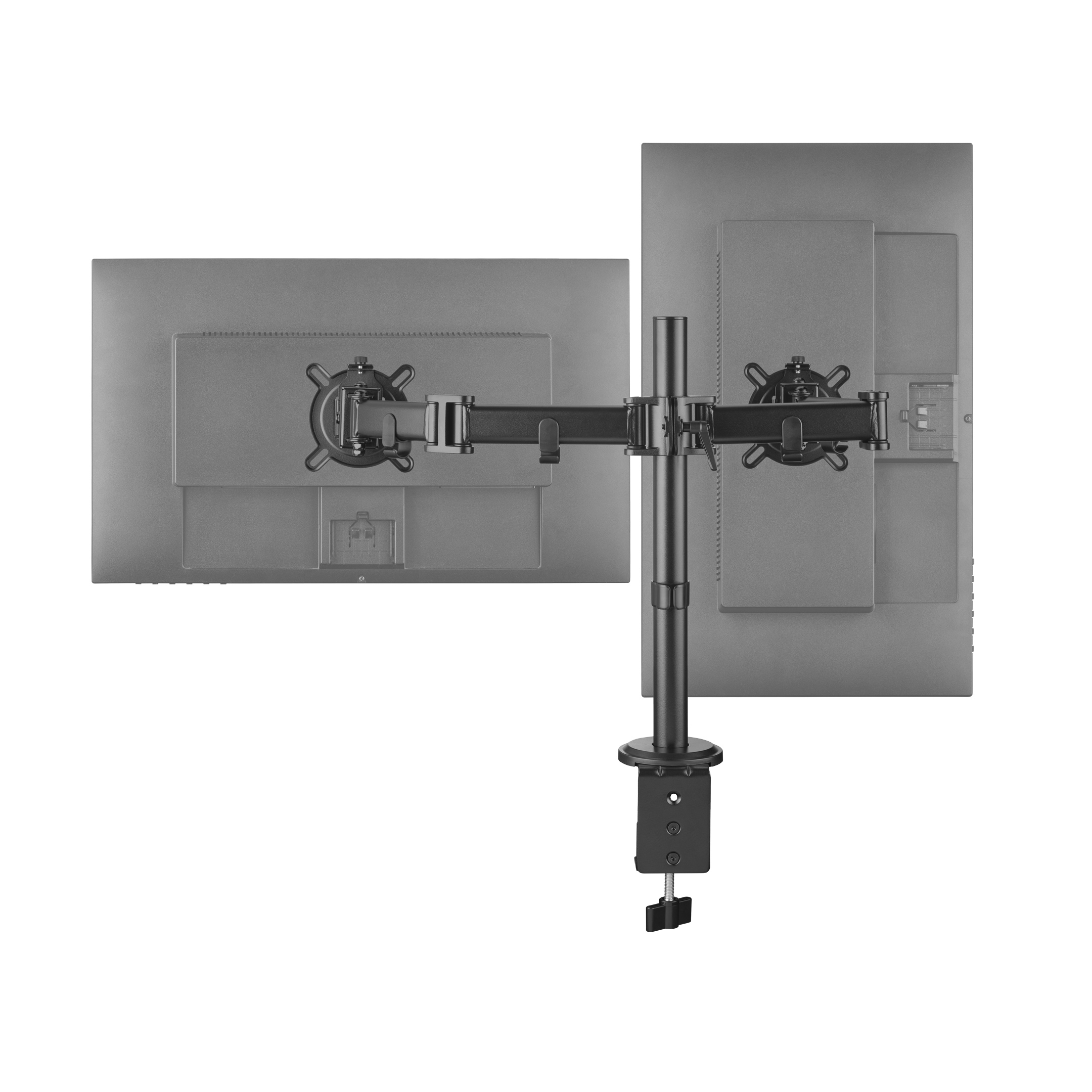 Dwa monitory zamontowane na czarnym stojaku. Stojak jest przymocowany do zacisku. Widok z góry.