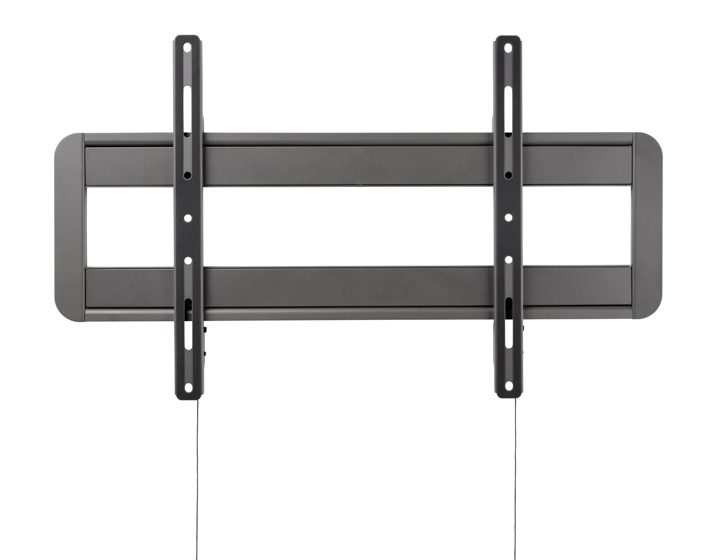 Supporto a parete TV grigio scuro con due guide verticali e due cordini neri.