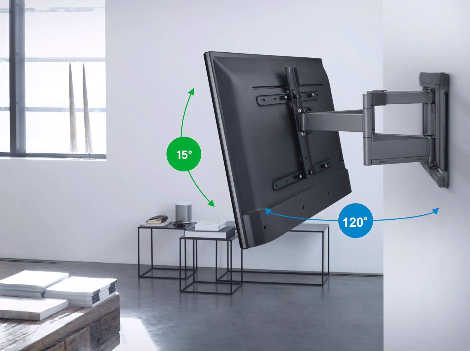 TV mounted on wall, angled. Green arrow shows 15 degrees. Blue arrow shows 120 degrees.