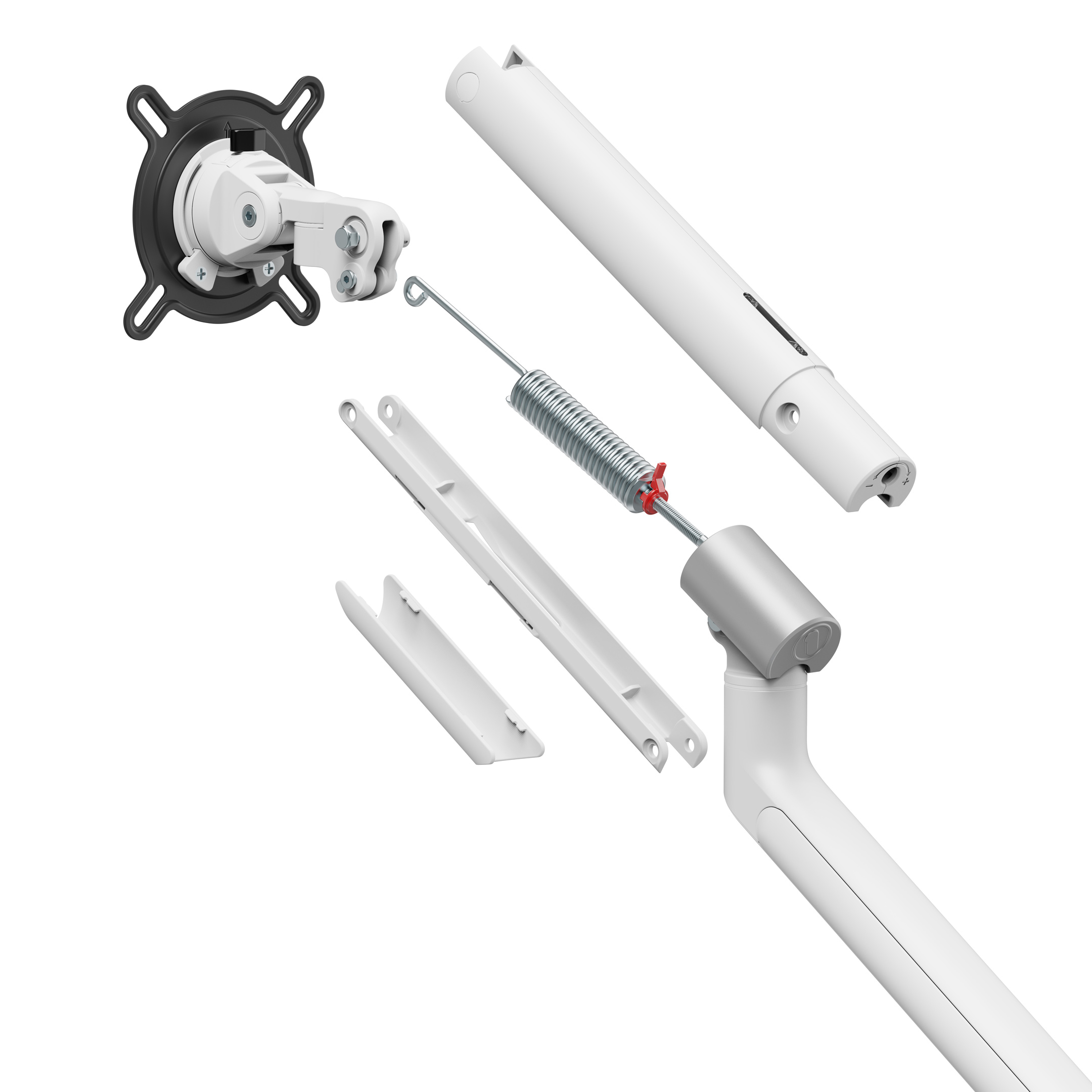 Gedemonteerde onderdelen van een witte monitorarm. Componenten op een witte achtergrond.