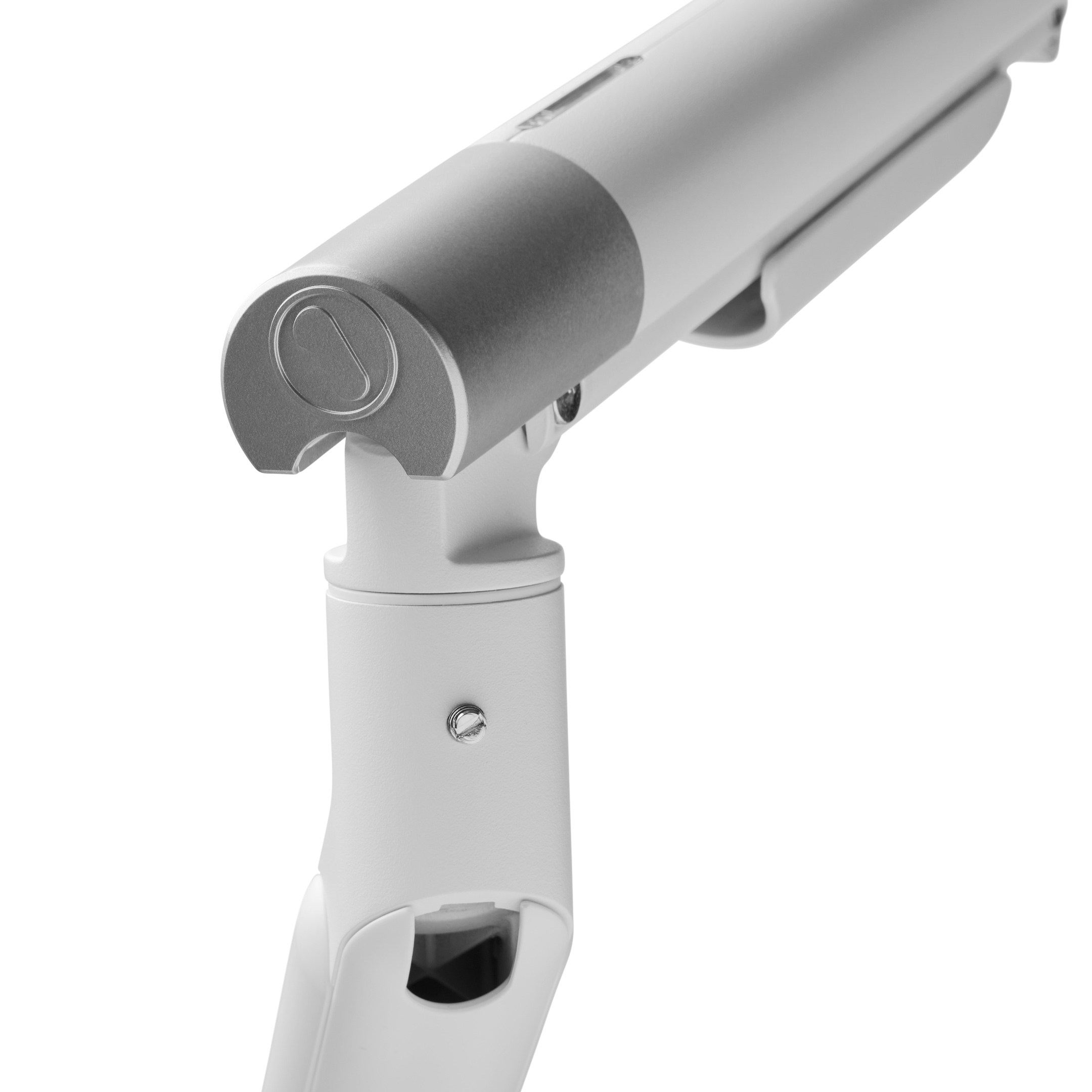 Zbliżenie białego i srebrnego ramienia monitora. Ramię ma cylindryczną część.