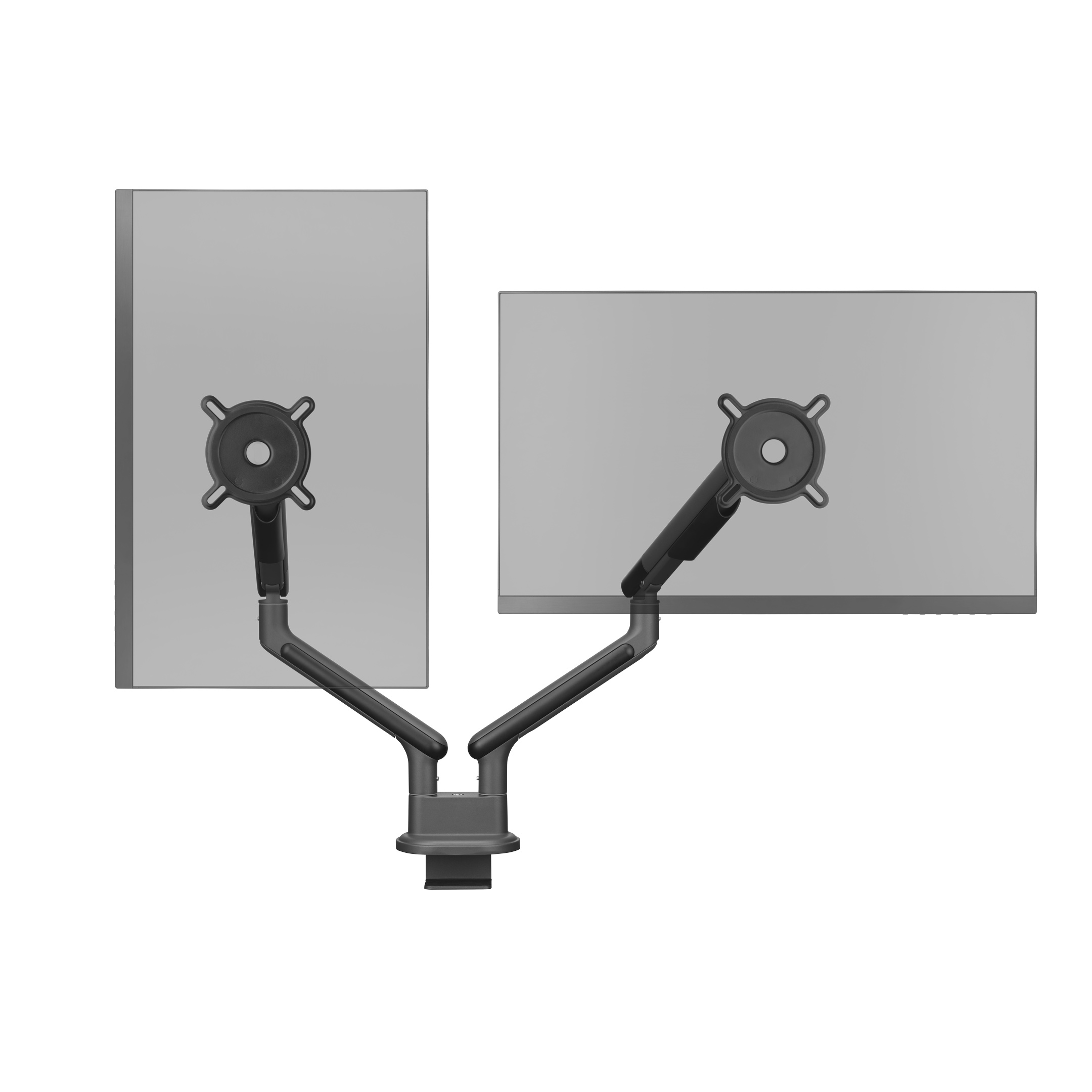Podwójny uchwyt monitora, białe tło. Czarne ramiona trzymające dwa szare monitory.