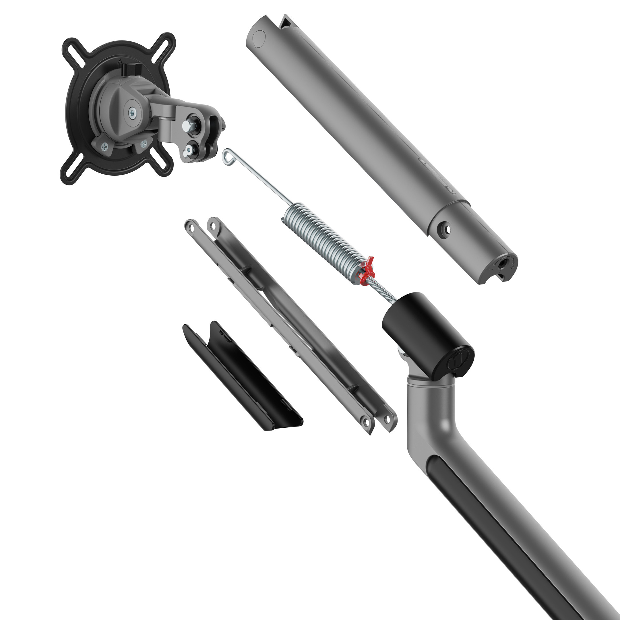 Zdemontowane szare części ramienia monitora, w tym sprężyna i płyta montażowa.