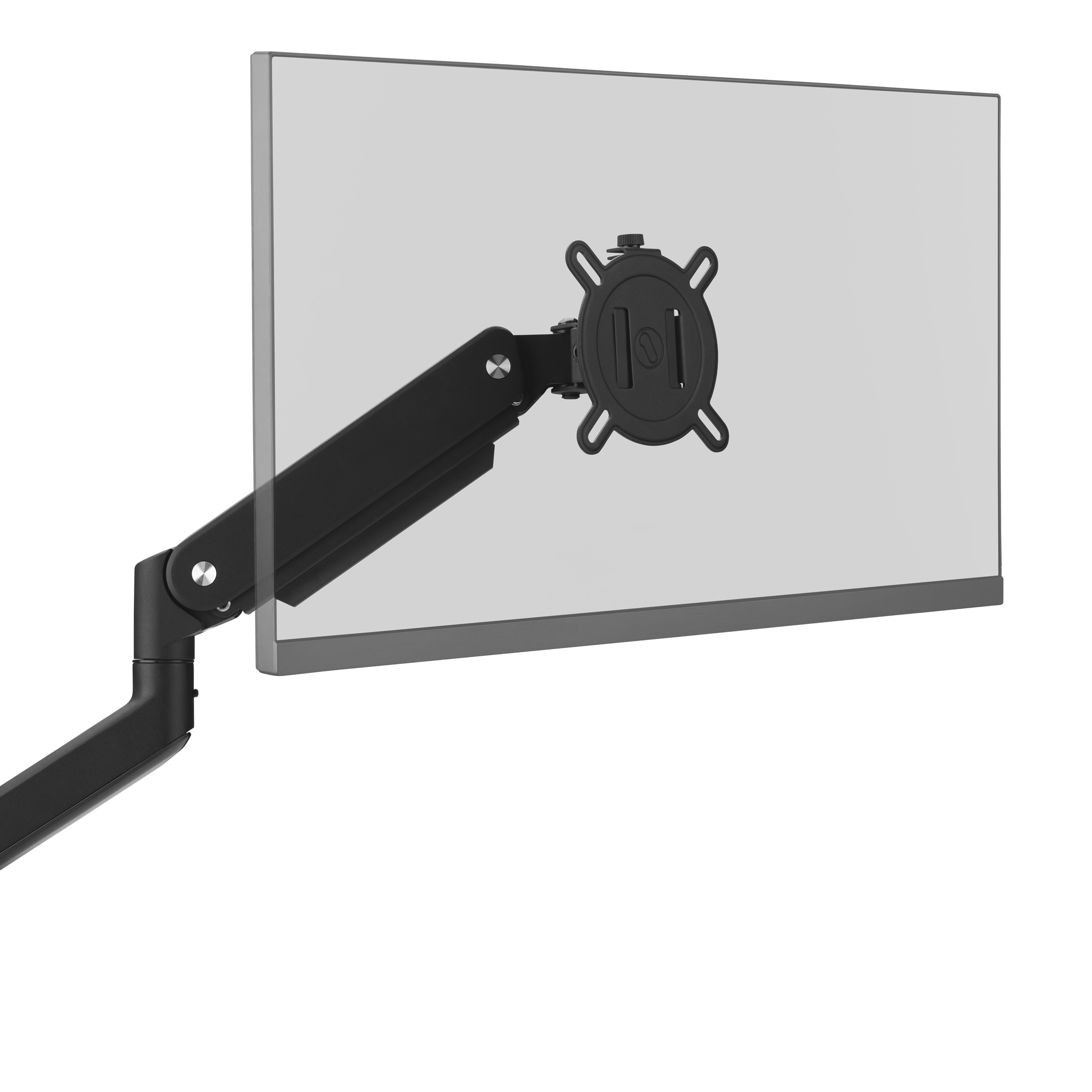 Monitor zamontowany na czarnym ramieniu, z białym tłem.