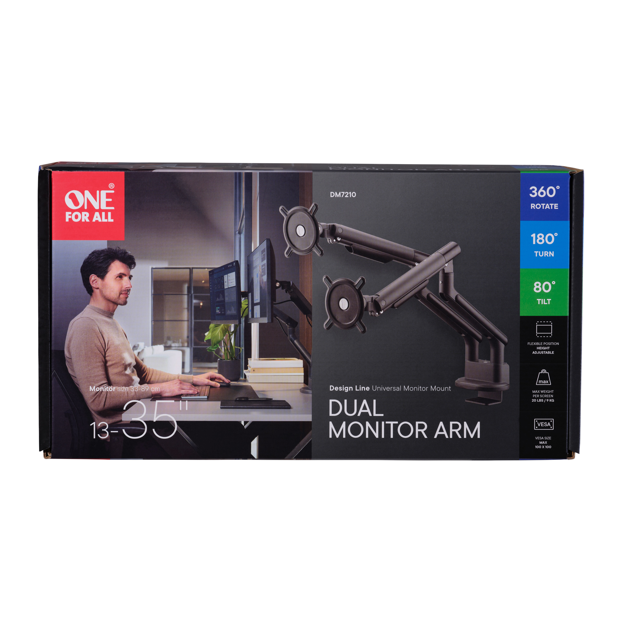 Doos met een dubbele monitorarm, een man die aan een bureau werkt staat op de doos.