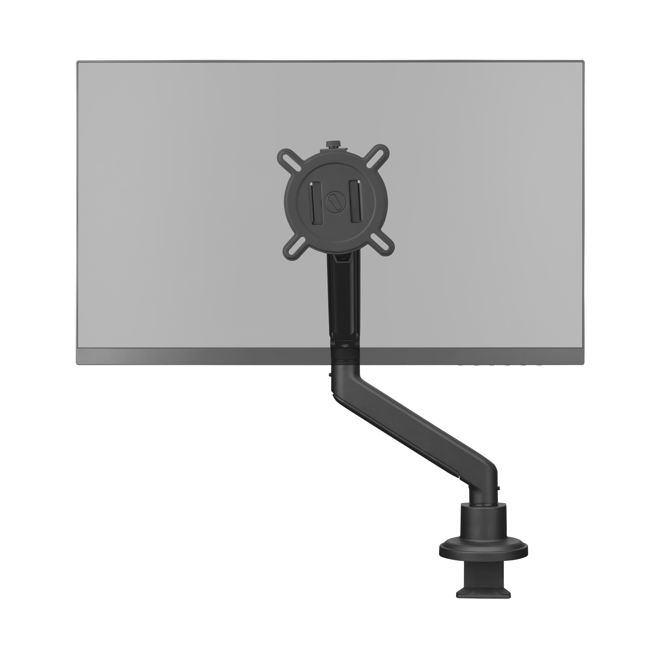 Monitor na czarnym ramieniu, widok z tyłu. Ma zacisk do montażu na biurku.
