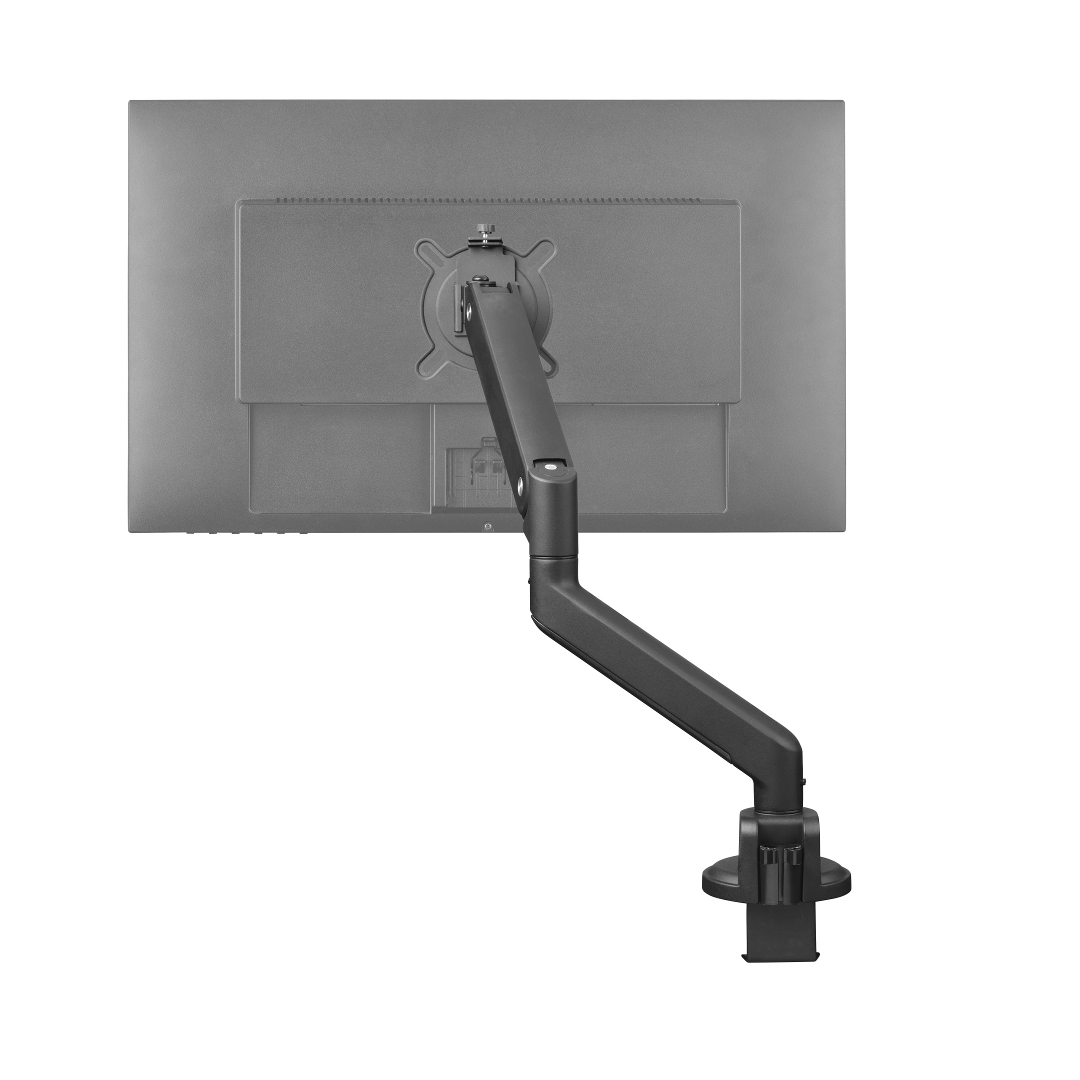 Ramię monitora przymocowane do monitora komputera od tyłu, pokazujące regulowaną konstrukcję.