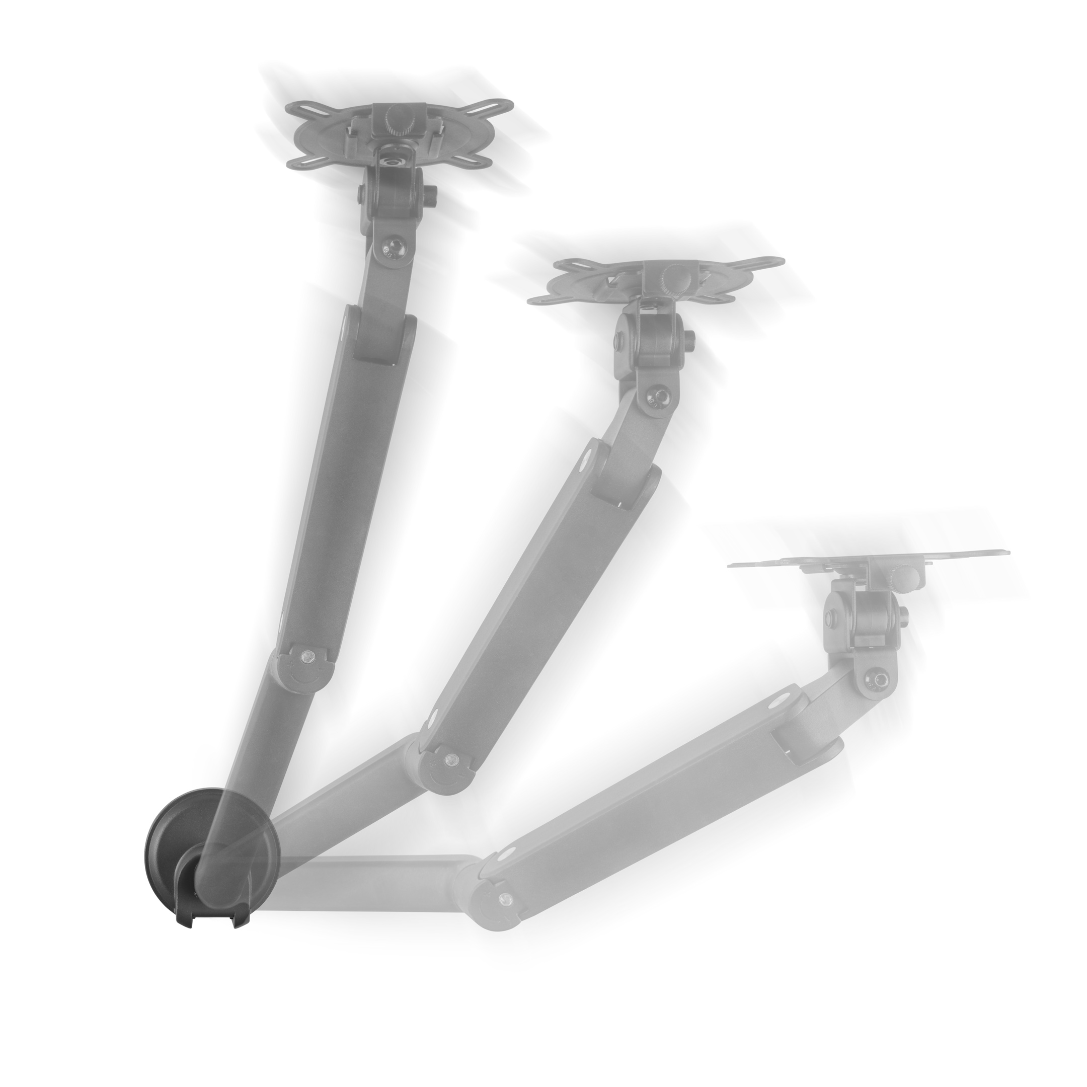 Ramię monitora montowane na suficie, szare, z trzema pozycjami.