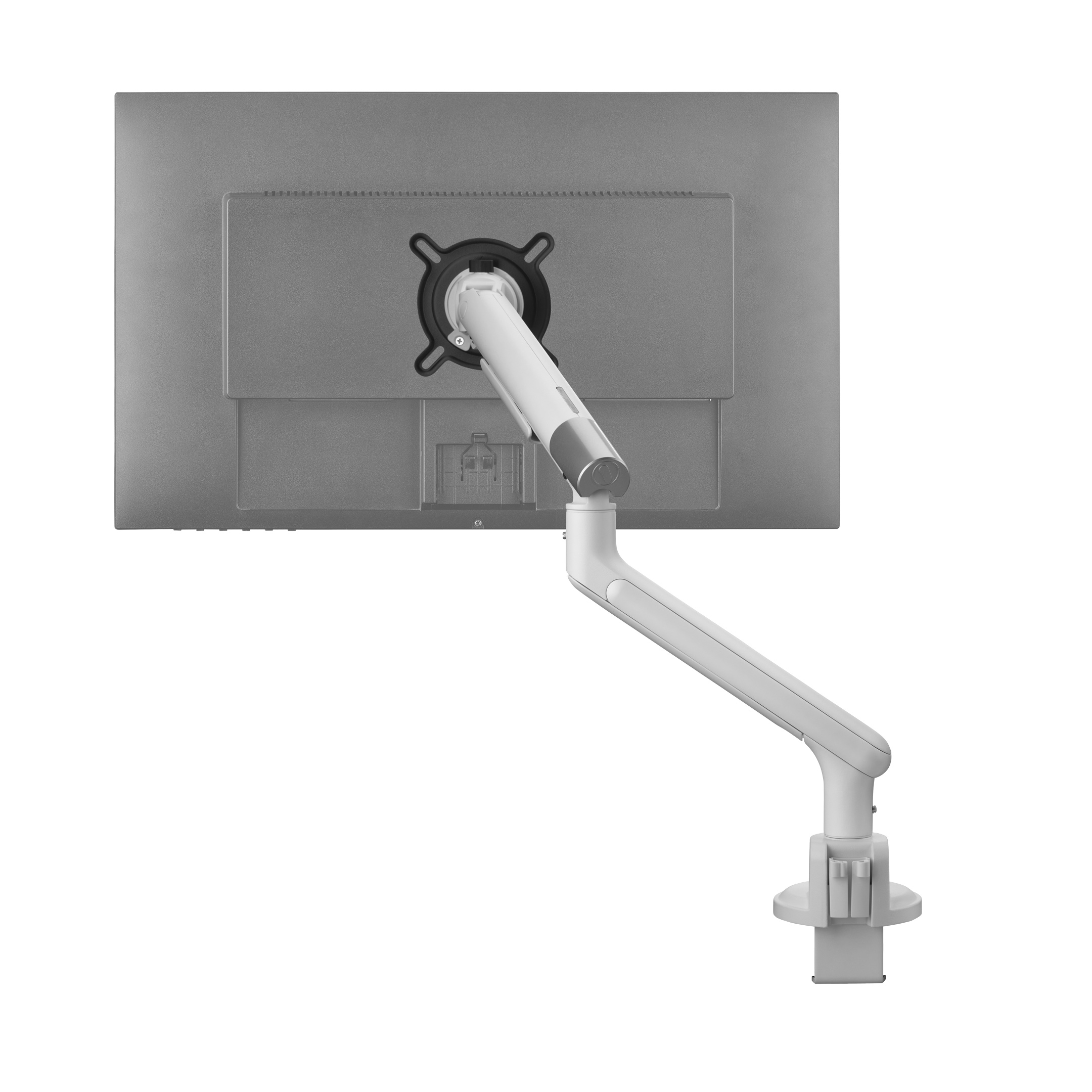 Monitor zamontowany na białym, regulowanym ramieniu, widok z tyłu, na białym tle.