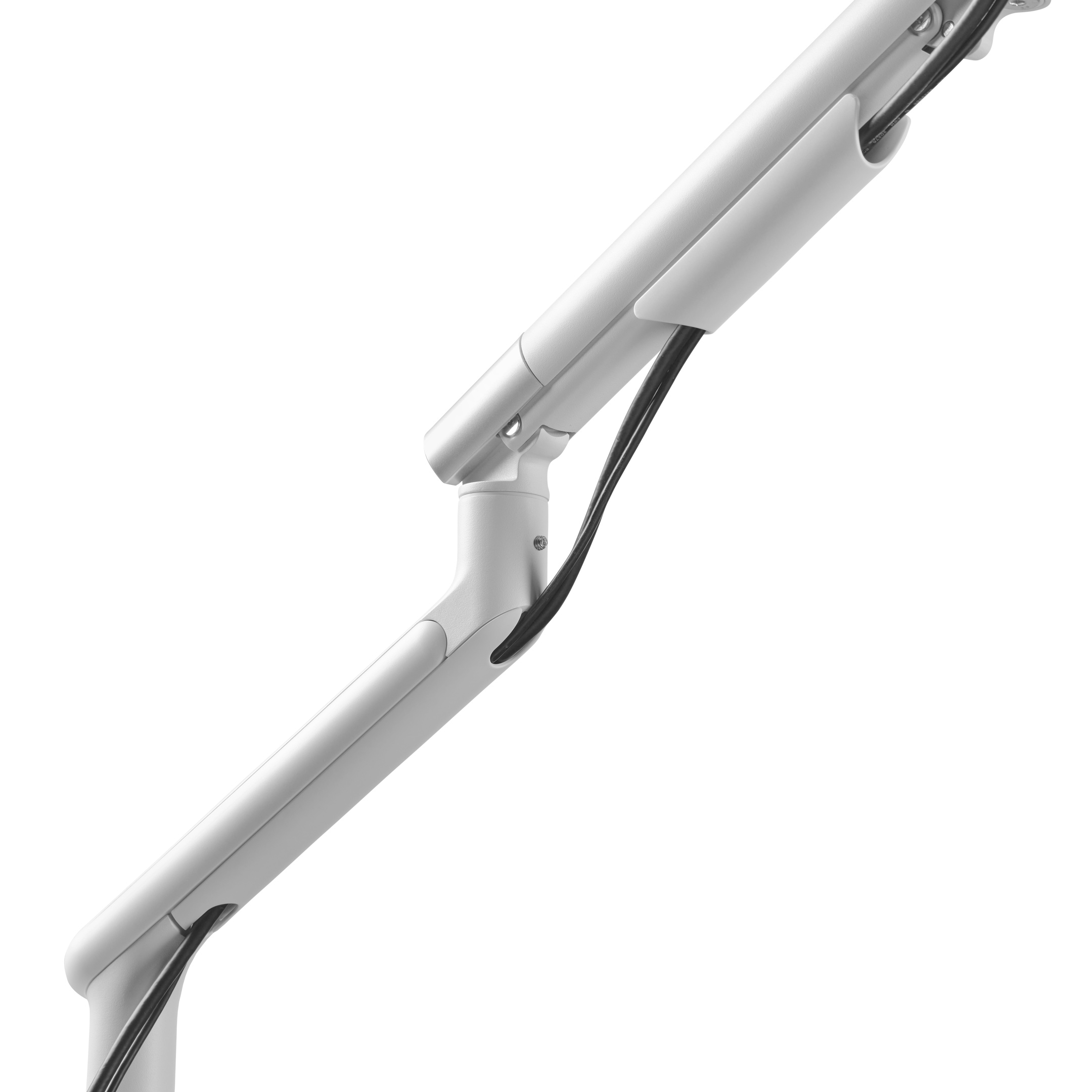 Zbliżenie białego ramienia monitora z czarnym kablem.