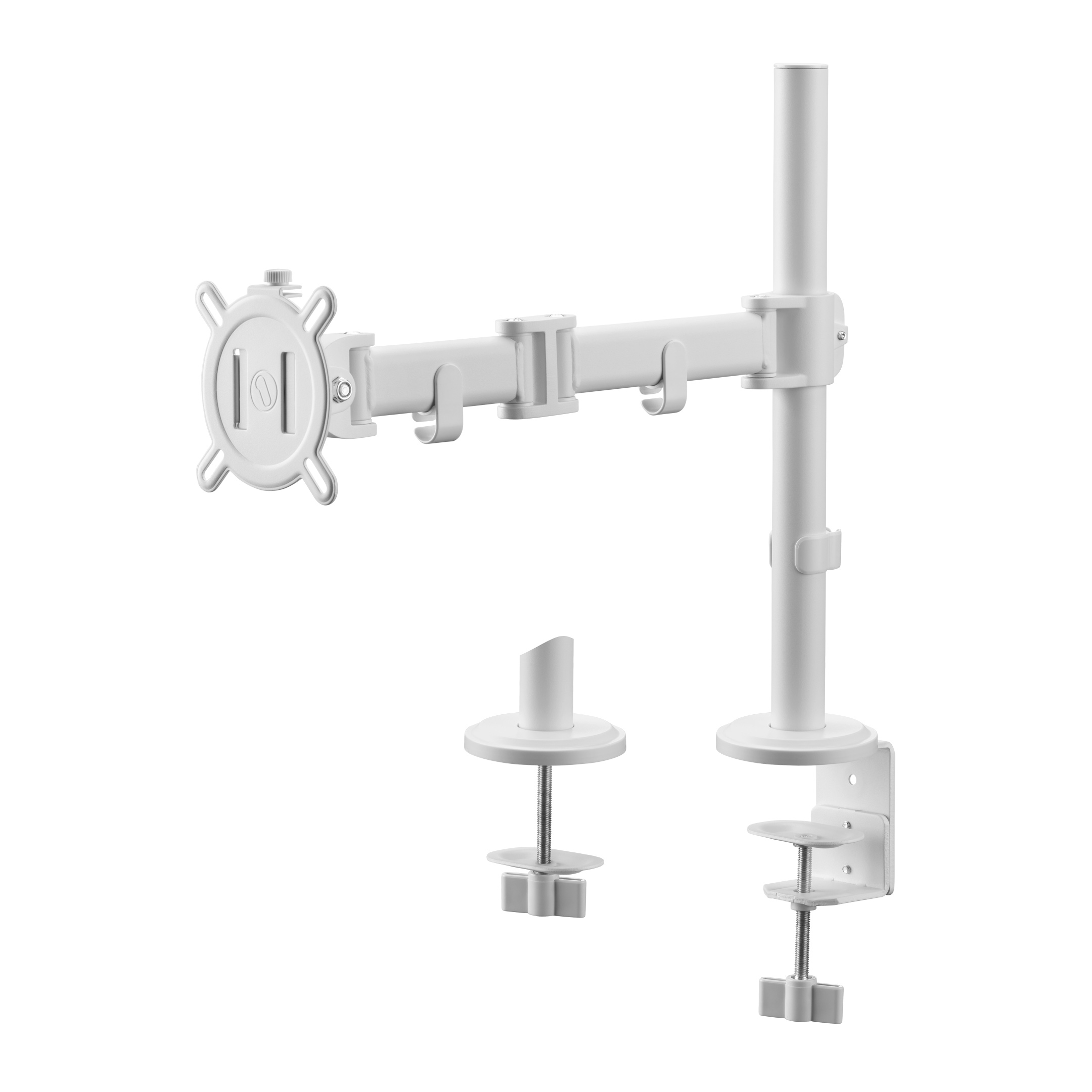 Een witte monitorarm met verschillende afstelpunten en bevestigingsmechanismen, geïsoleerd op wit.