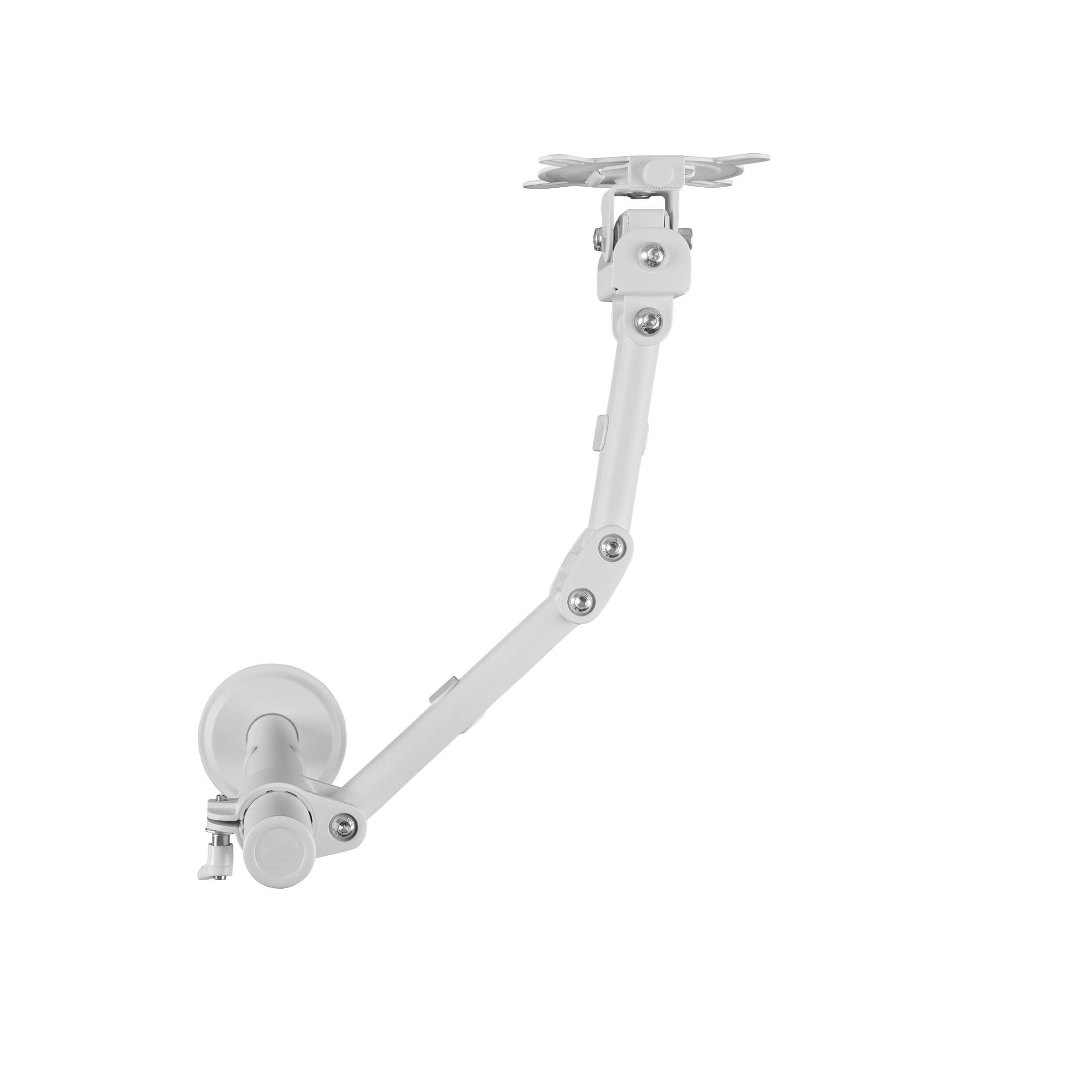 Een witte plafondbeugel voor een monitor, tegen een witte achtergrond. De arm is uitgeschoven.