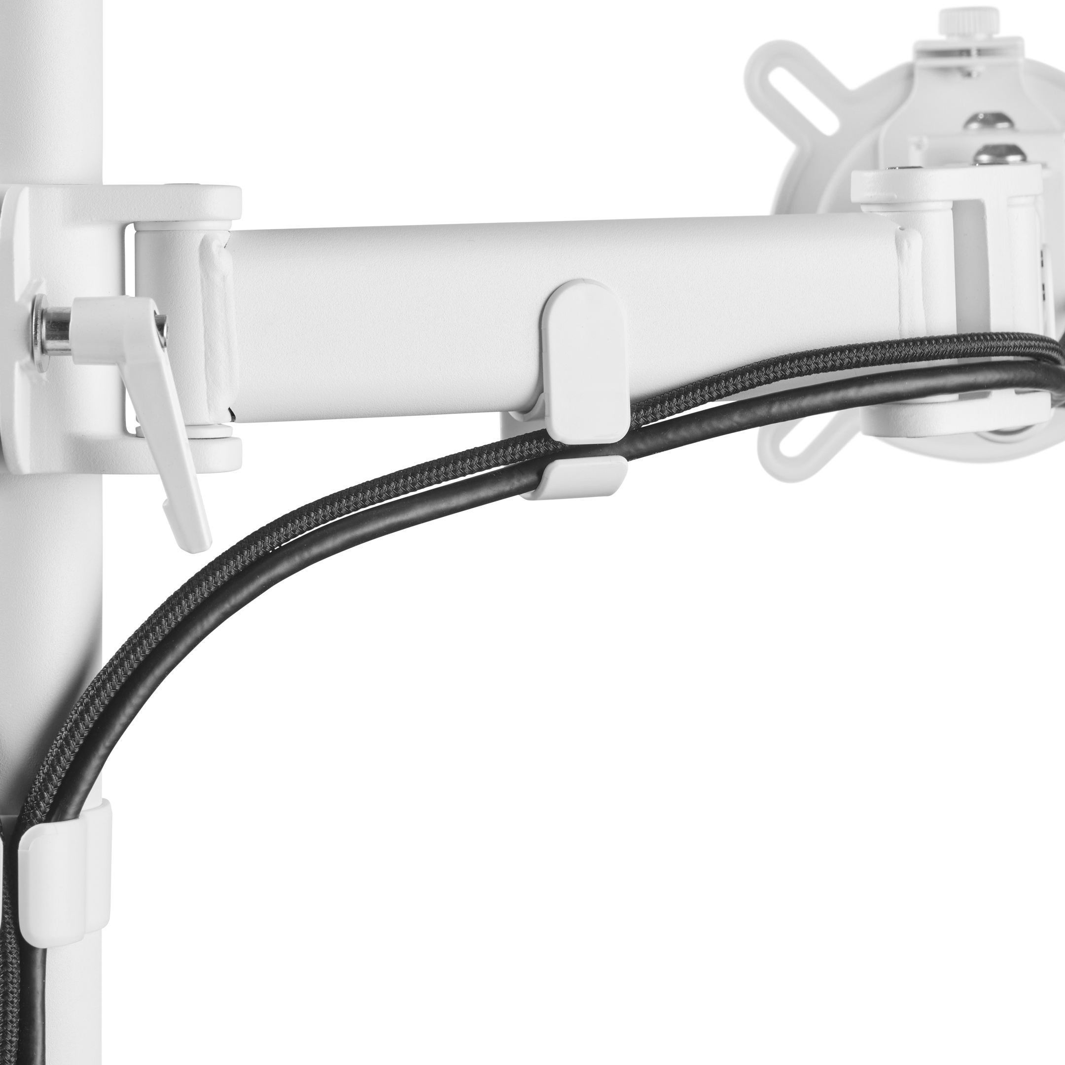 Close-up van een witte monitorarm, met een kabel aangesloten.