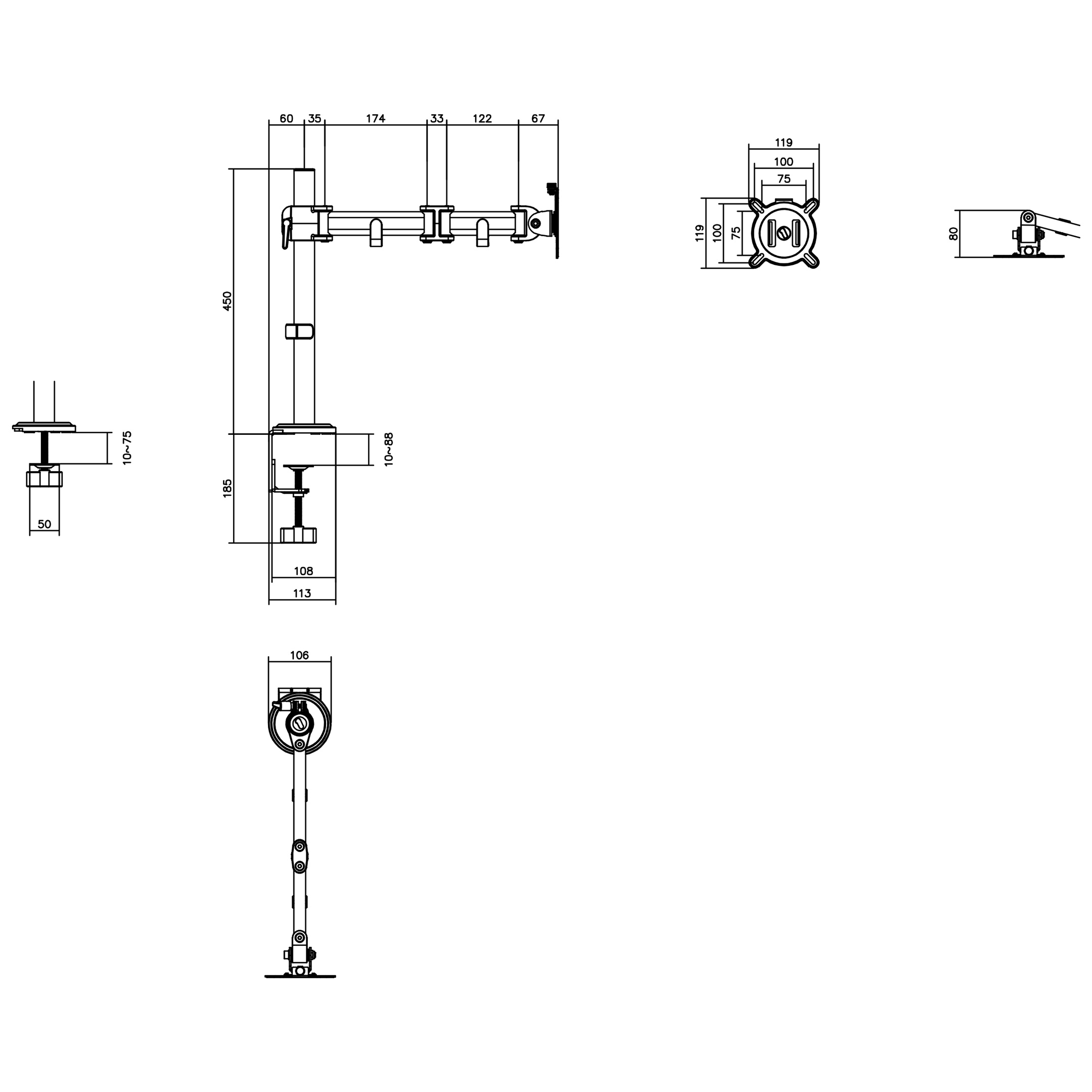 Technische tekening: verschillende afmetingen van een mechanische arm met maten in millimeters.