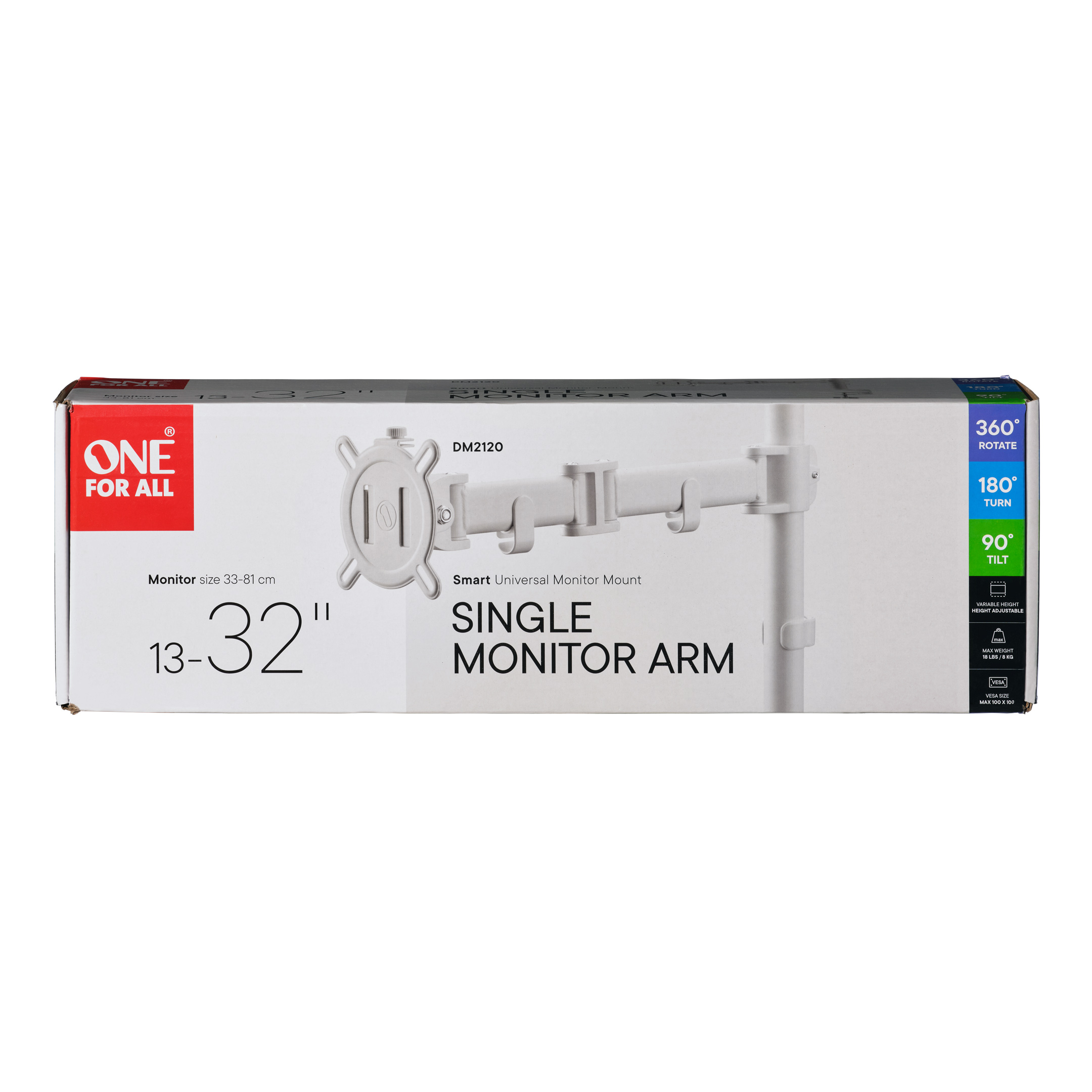 Doos met een monitorarm. Toont de arm en zijn kenmerken. Het is een enkele monitorarm.
