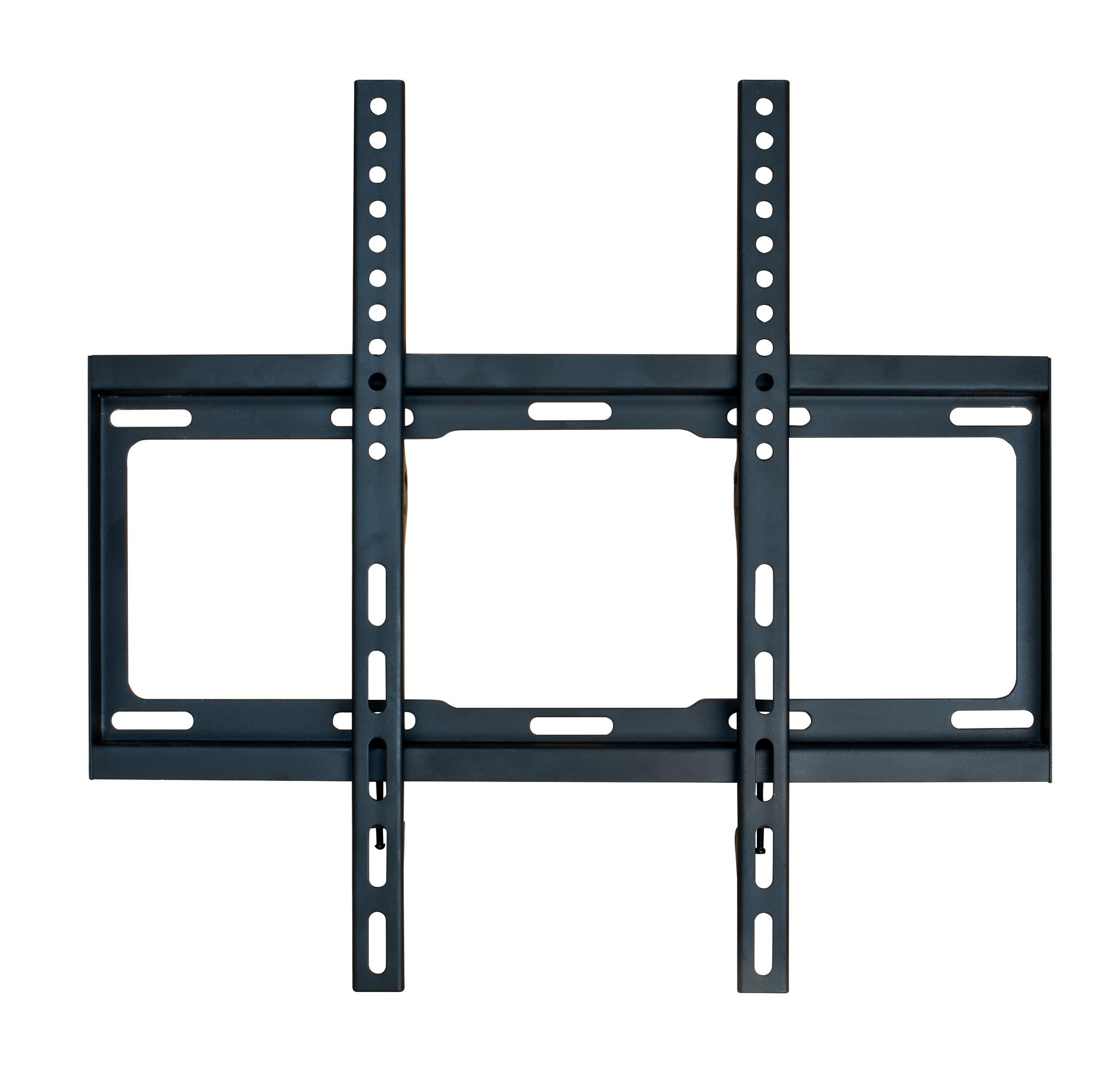 Supporto TV in metallo nero con fori di montaggio multipli, isolato su sfondo bianco.