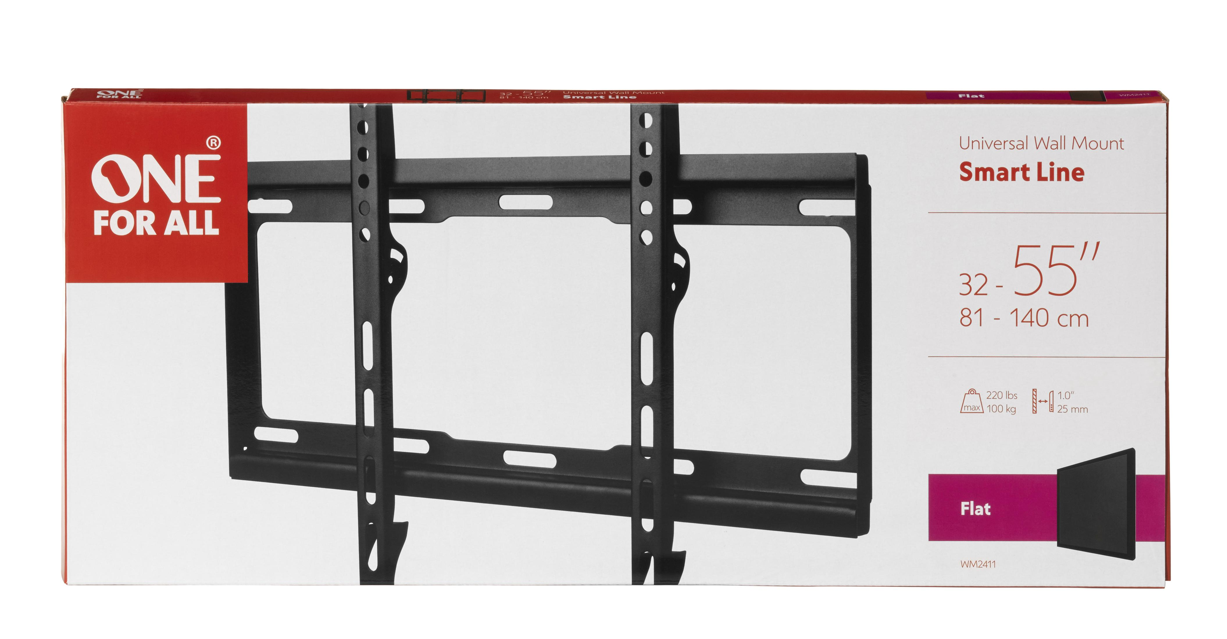Scatola per supporto a parete TV con supporto nero. Testo: ONE FOR ALL, Smart Line 32-55".