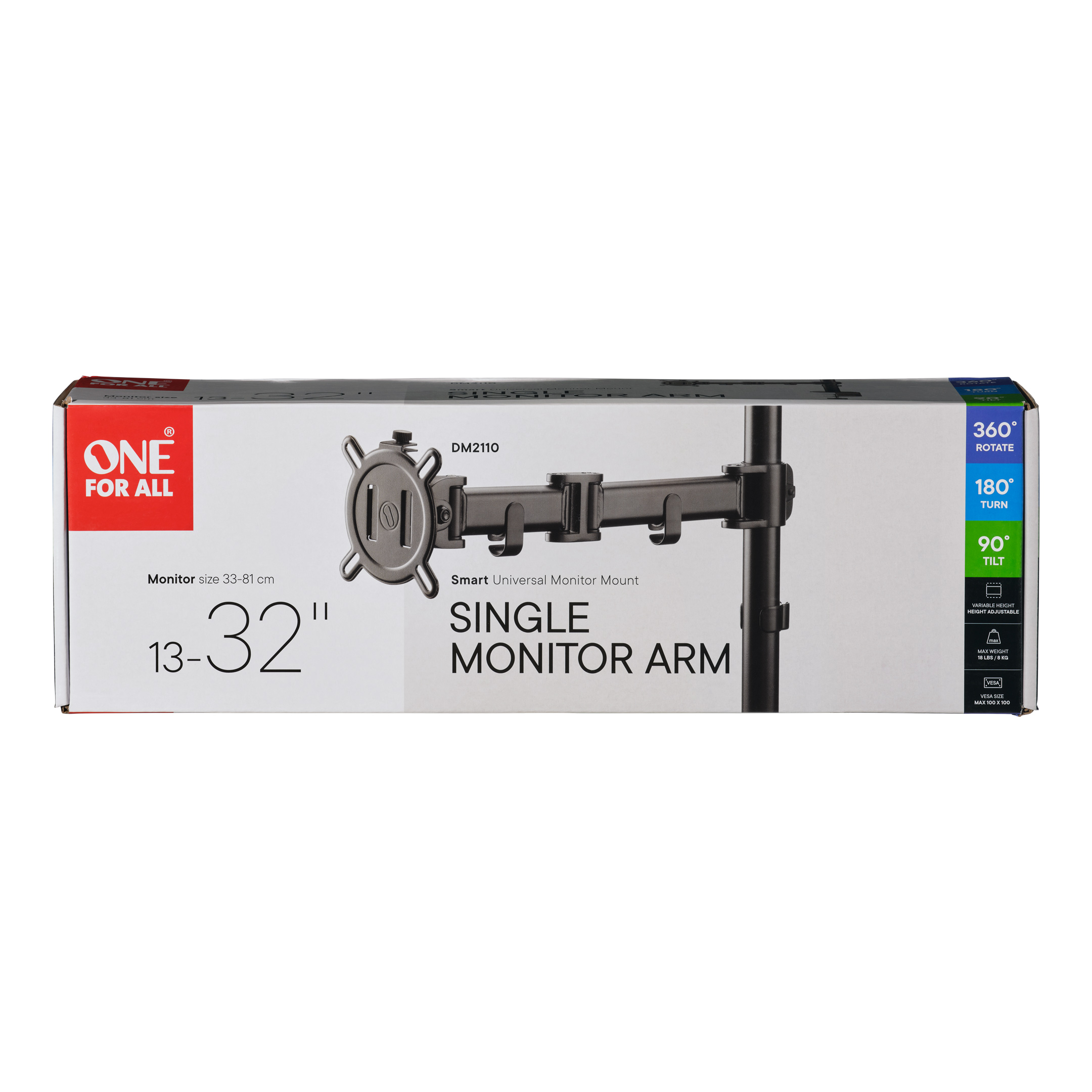 Doos met een enkele monitorarm. Het heeft het "ONE FOR ALL" logo en toont het monitorformaatbereik.