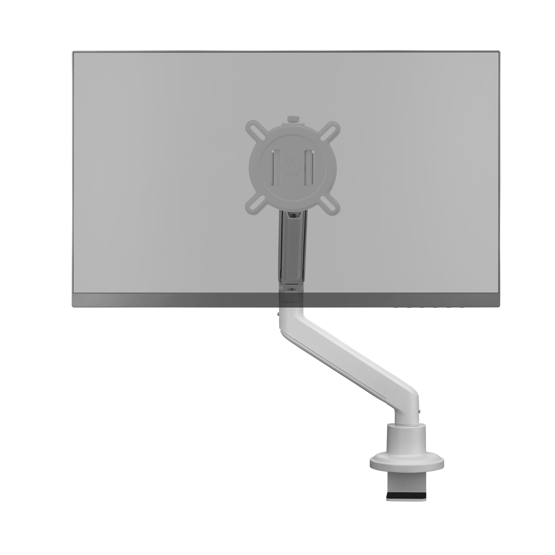 Weißer Monitorarm an einem Computermonitor befestigt. Der Monitor ist grau und hat einen Ständer.