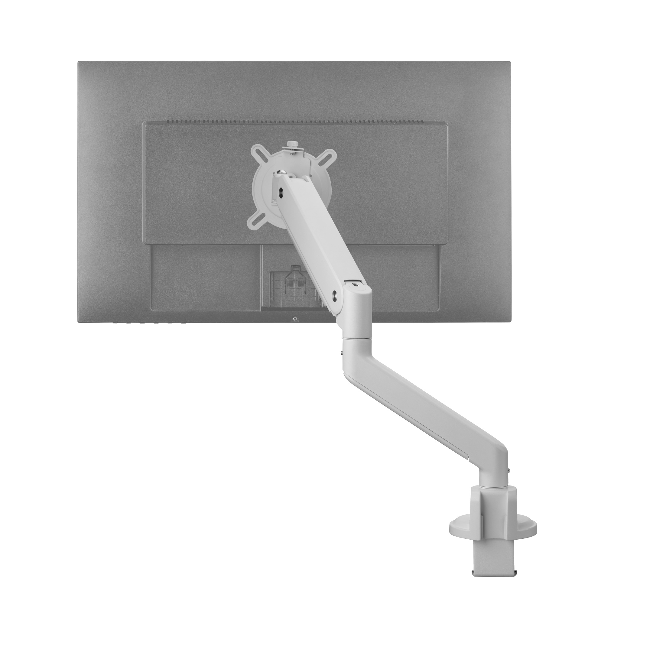 Ein Monitor, der an einem weißen Monitorarm befestigt ist, von hinten gesehen, vor weißem Grund.