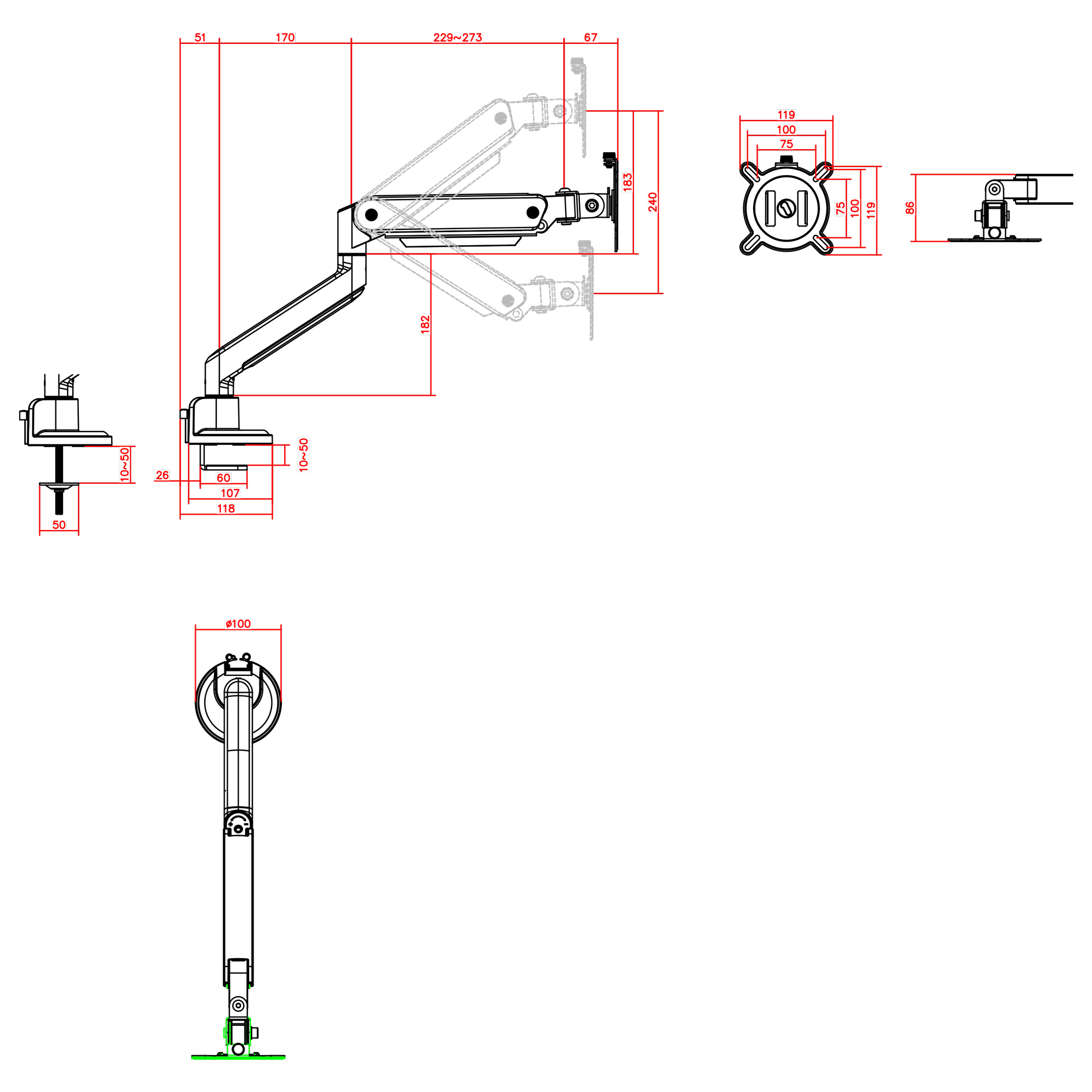 Technische tekening met afmetingen van een monitorarm.
