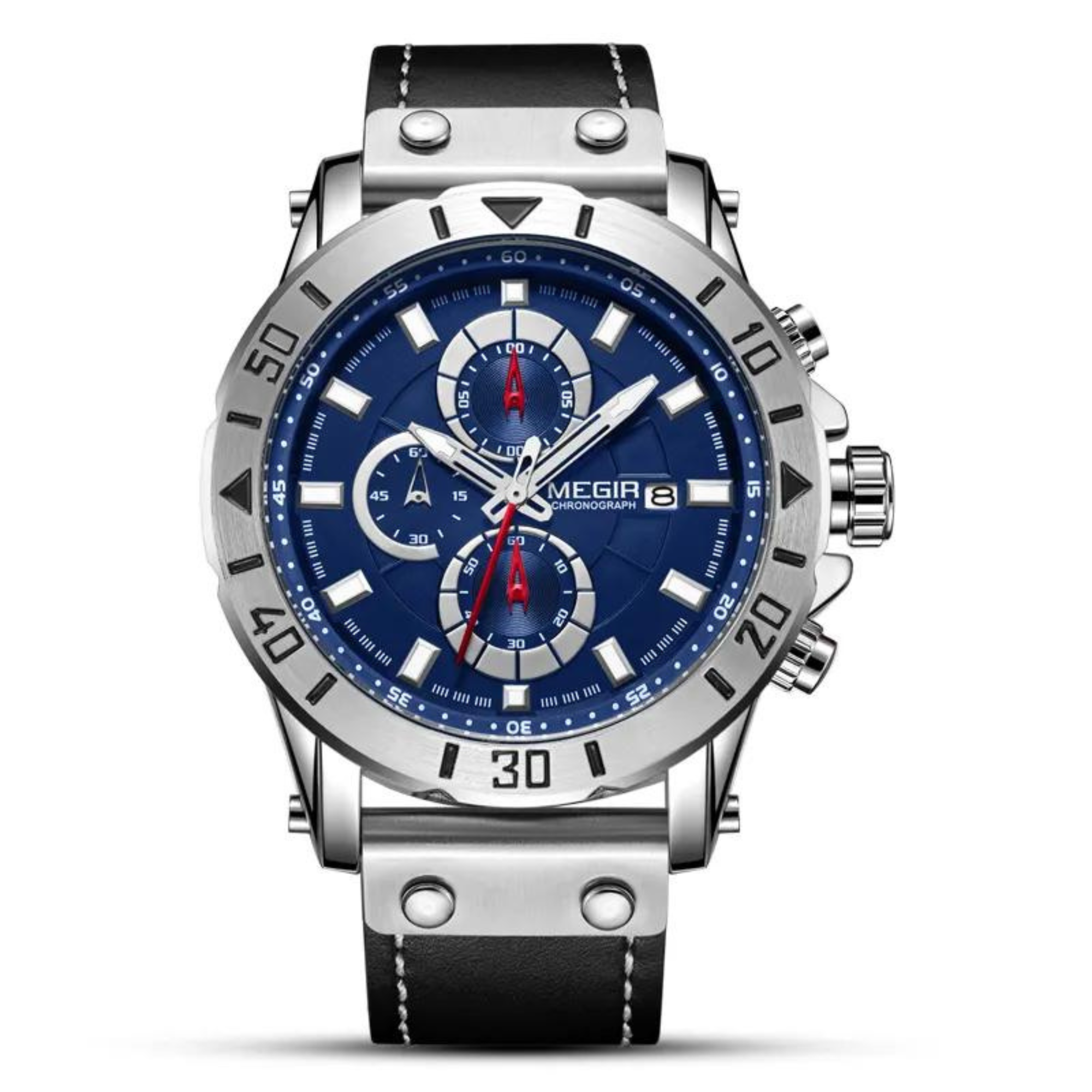 Blaues Chronographen-Uhr mit schwarzem Armband, silberfarbenem Gehäuse, Nahaufnahme.