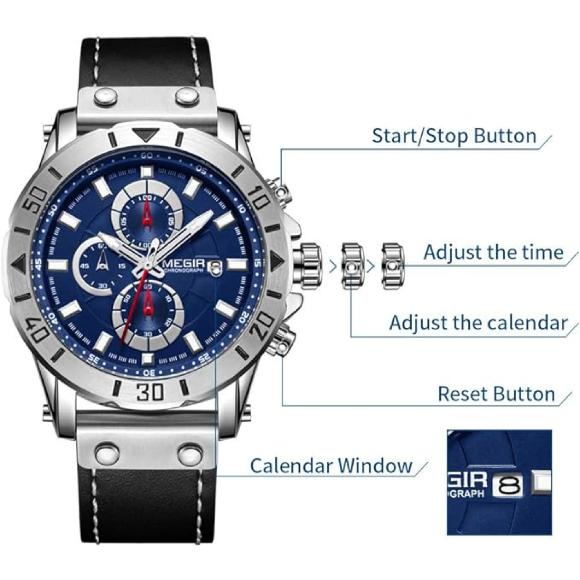 Silberne Uhr mit blauem Zifferblatt, schwarzem Lederarmband. Knöpfe für Zeit, Kalender und Reset. Text.