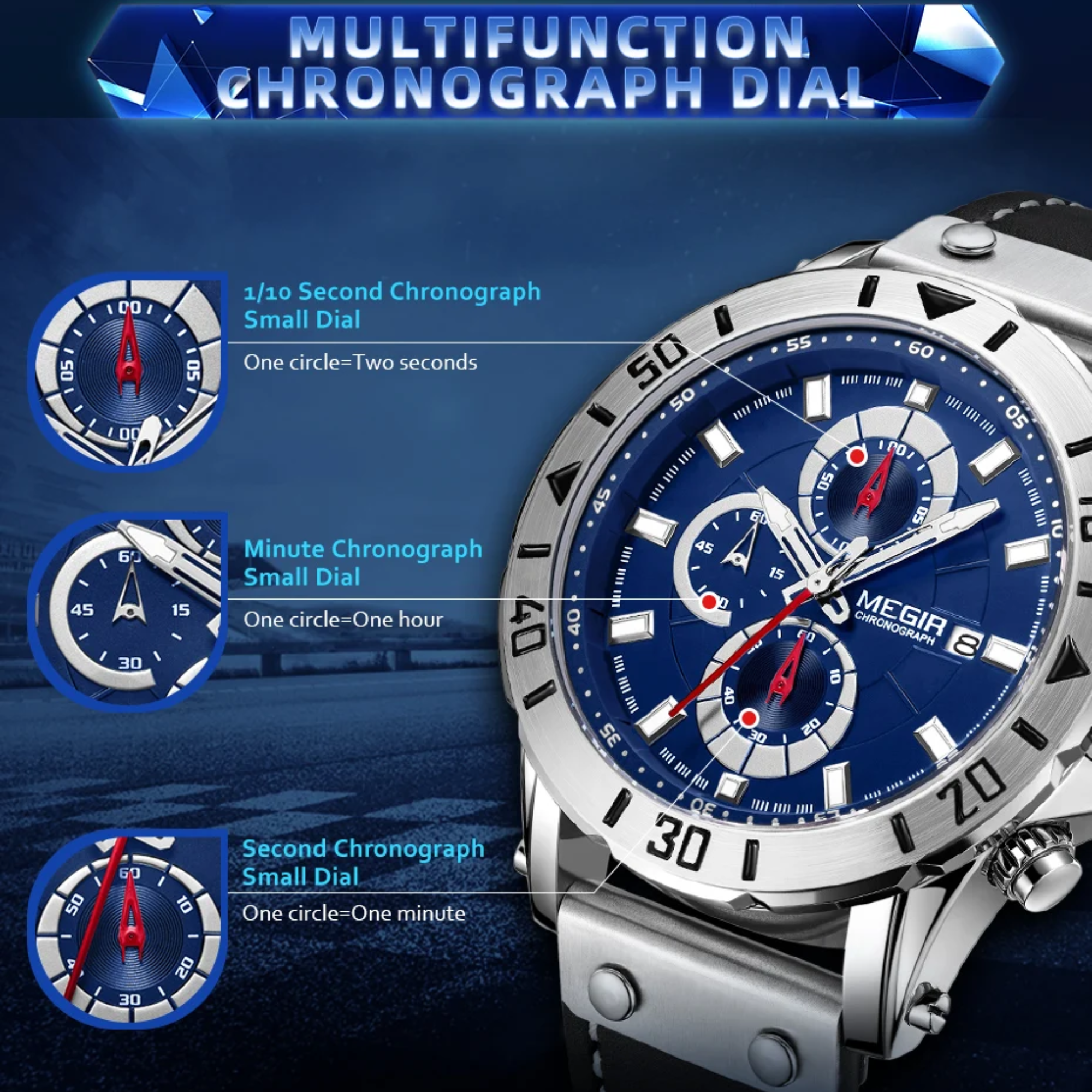 Nahaufnahme einer silbernen Uhr mit blauem Zifferblatt, Chronographen und Details.