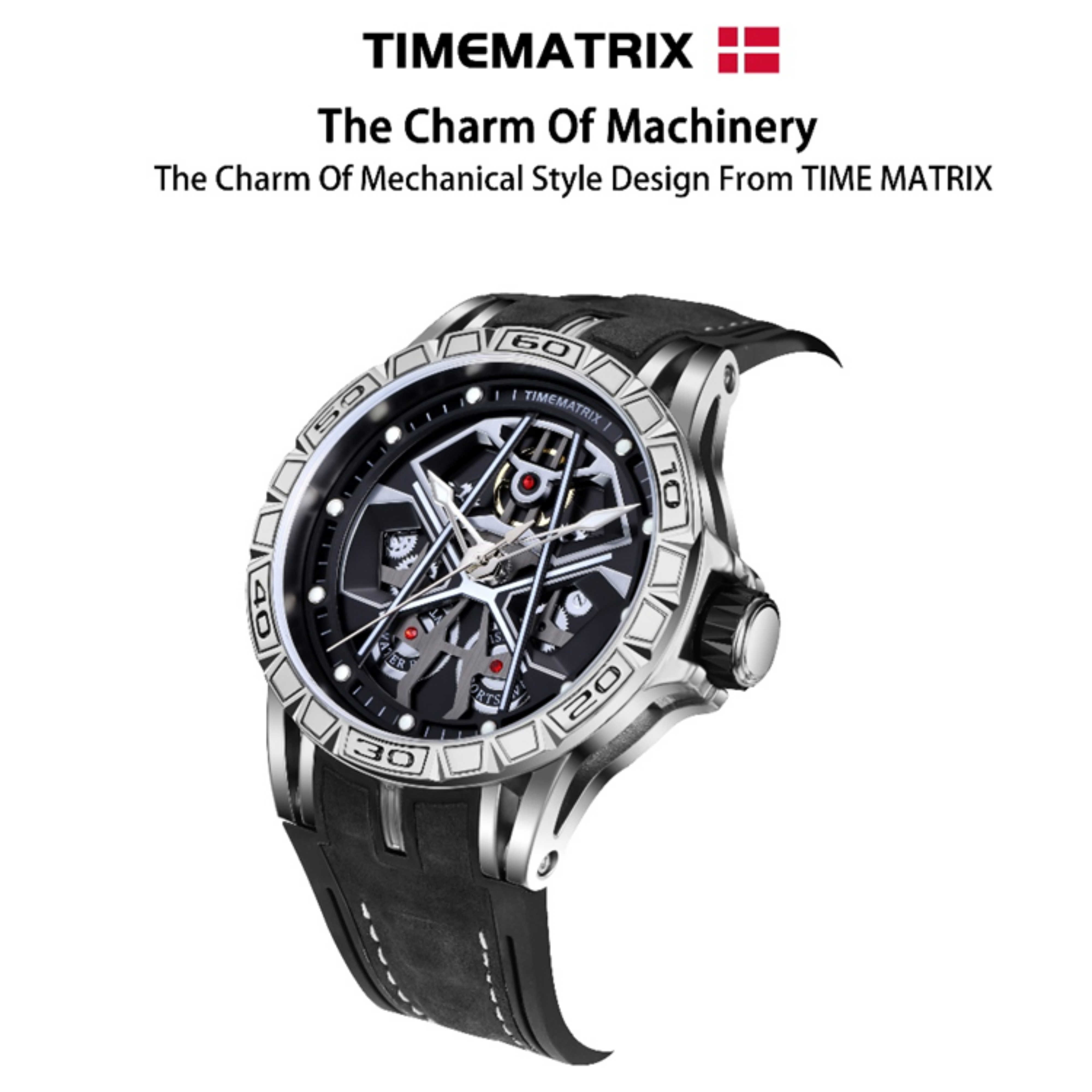 Un reloj plateado y negro con una esfera intrincada, el texto dice 'TIME MATRIX' y una corona en la parte superior.