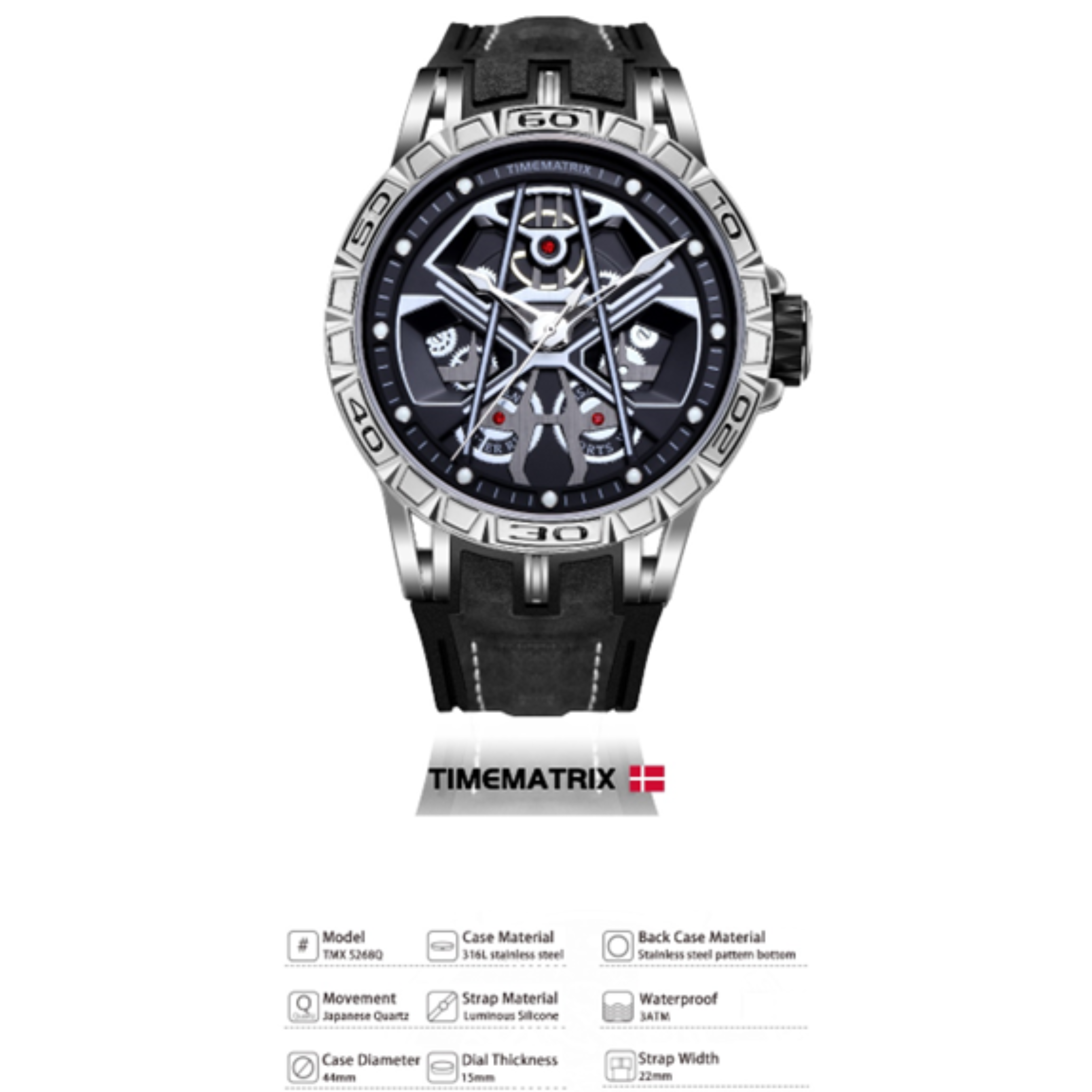 Reloj plateado y negro. Correa negra. La esfera tiene un diseño complejo. Fondo blanco.
