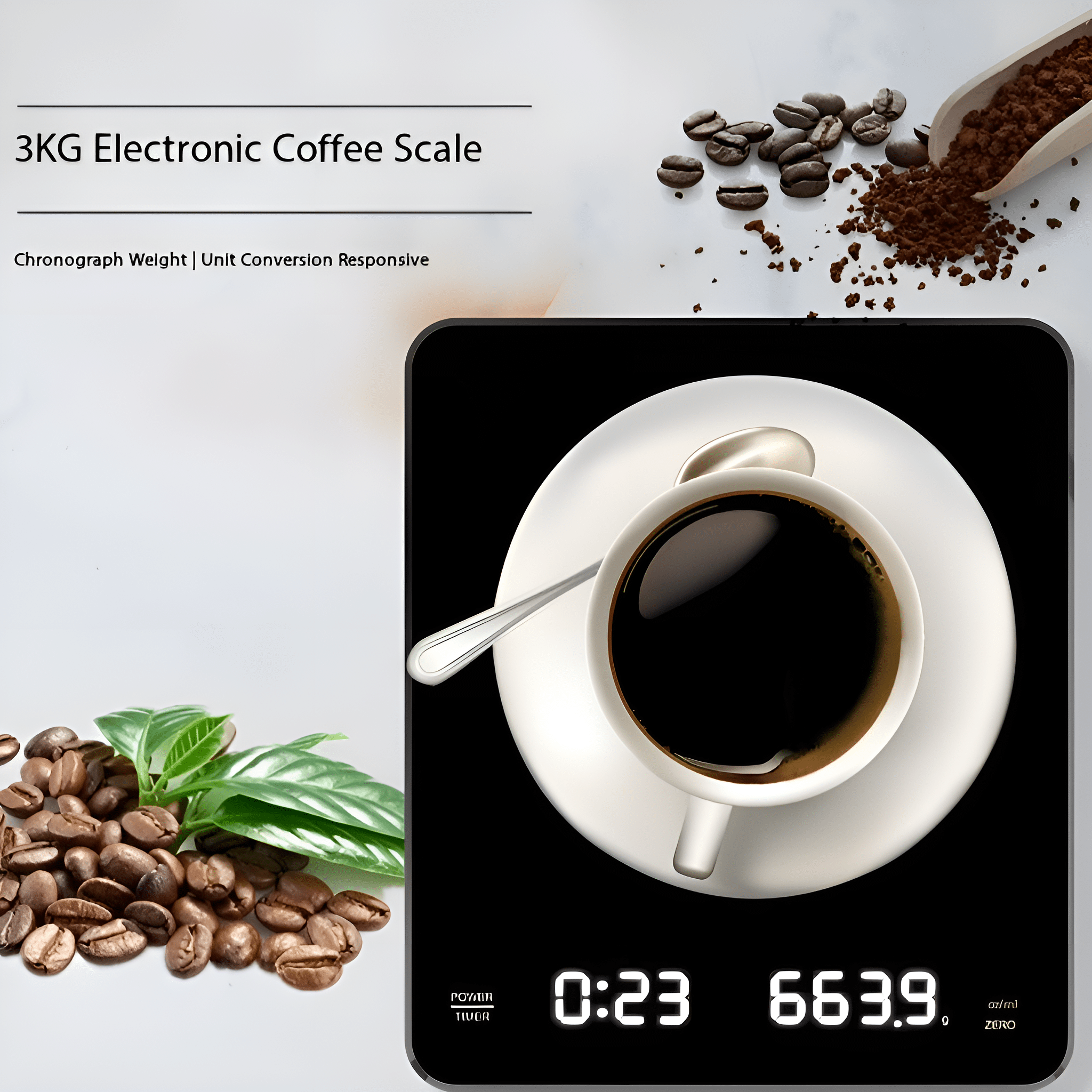Eine schwarze elektronische Kaffeewaage mit einer Tasse Kaffee, Bohnen und einem Löffel darauf.