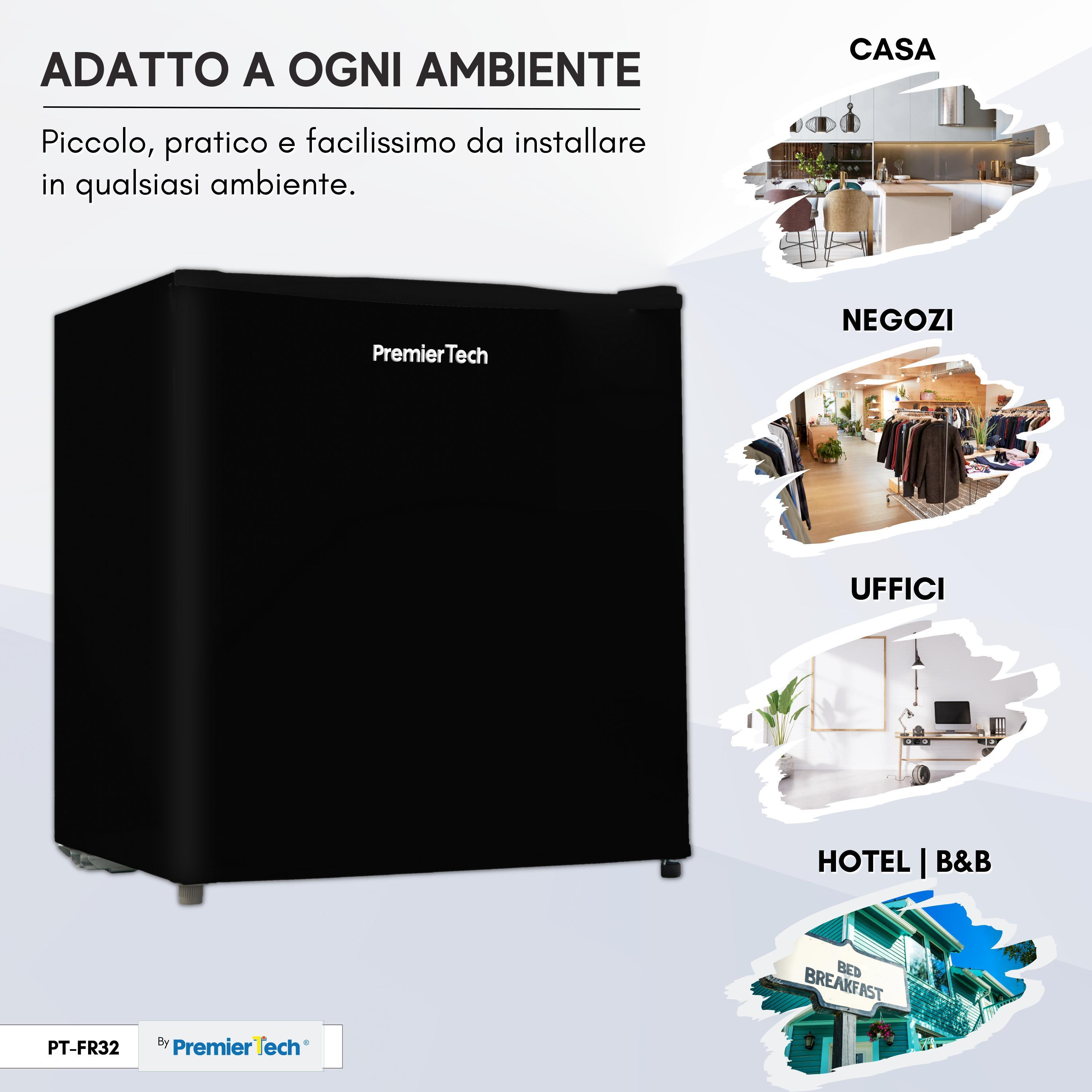 Un frigorifero nero con testo, che mostra che è adatto per case, negozi, uffici e hotel.