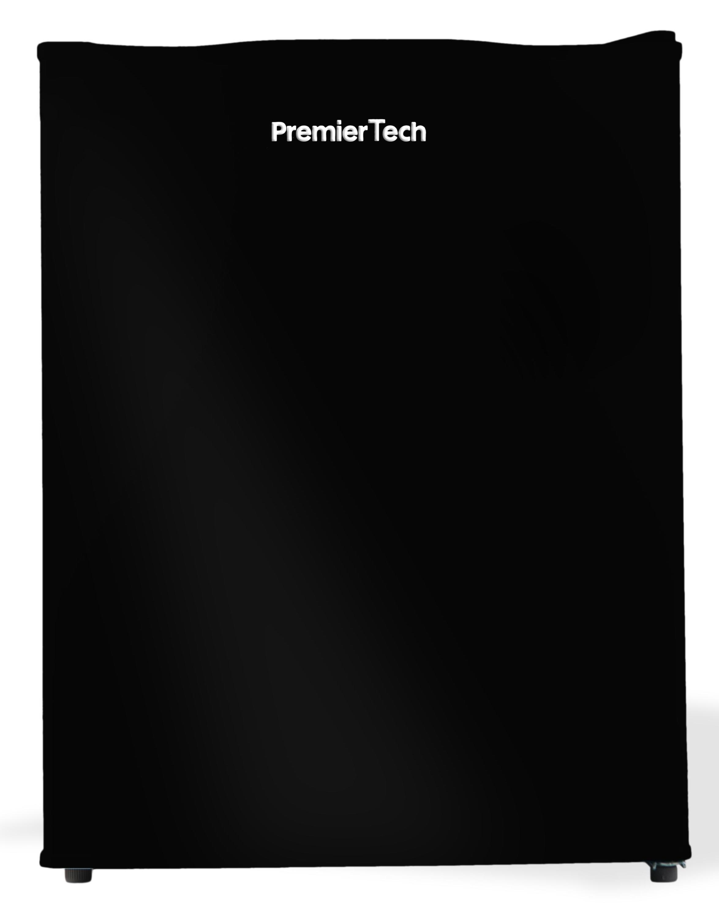 Mini-frigorifero nero con il testo 'Premier Tech', con uno sfondo nero liscio.