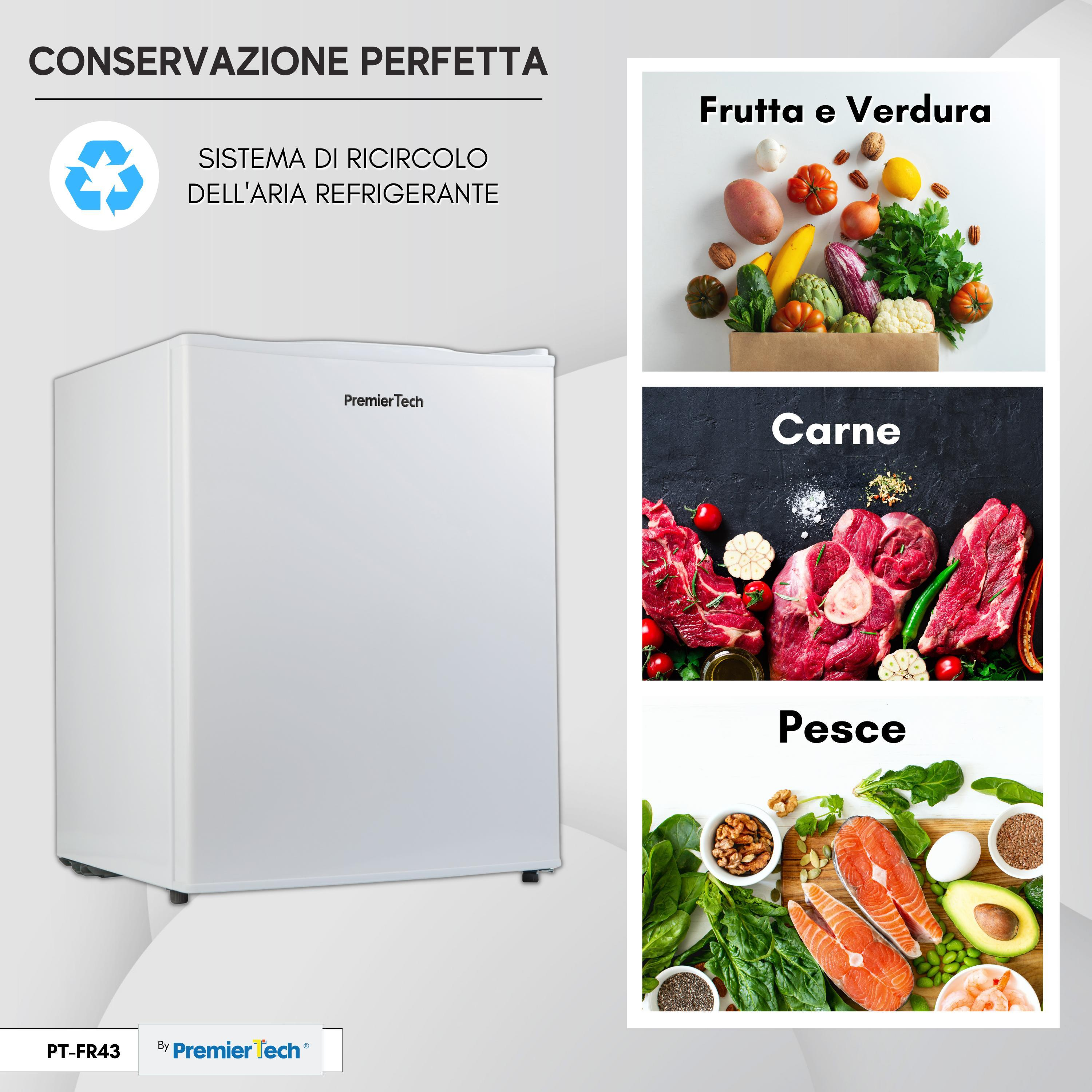 Frigorifero PremierTech bianco con immagini di frutta, verdura, carne e pesce per la conservazione.