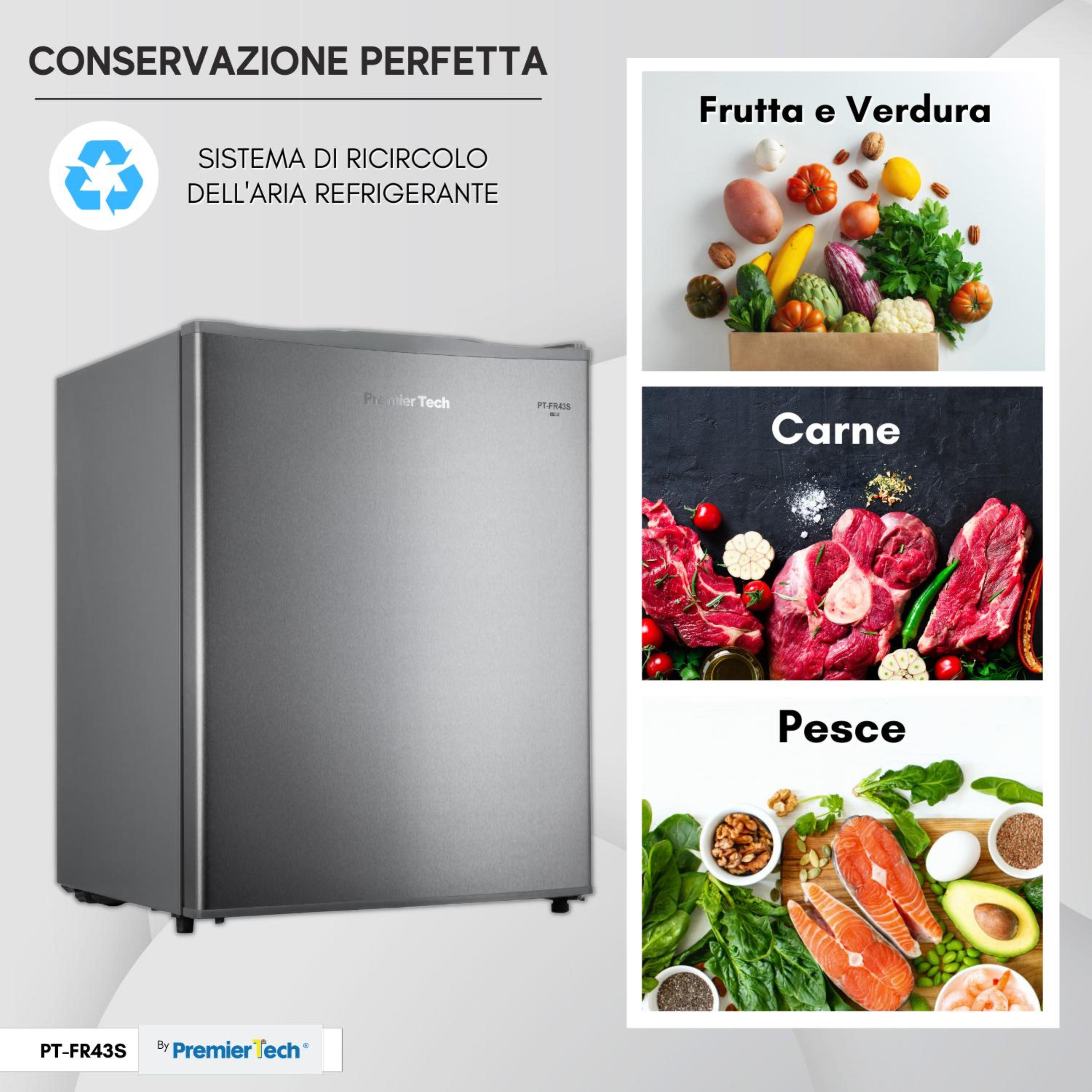 Mini frigo Premier Tech con immagini di cibo: frutta, verdura, carne e pesce, con testo.