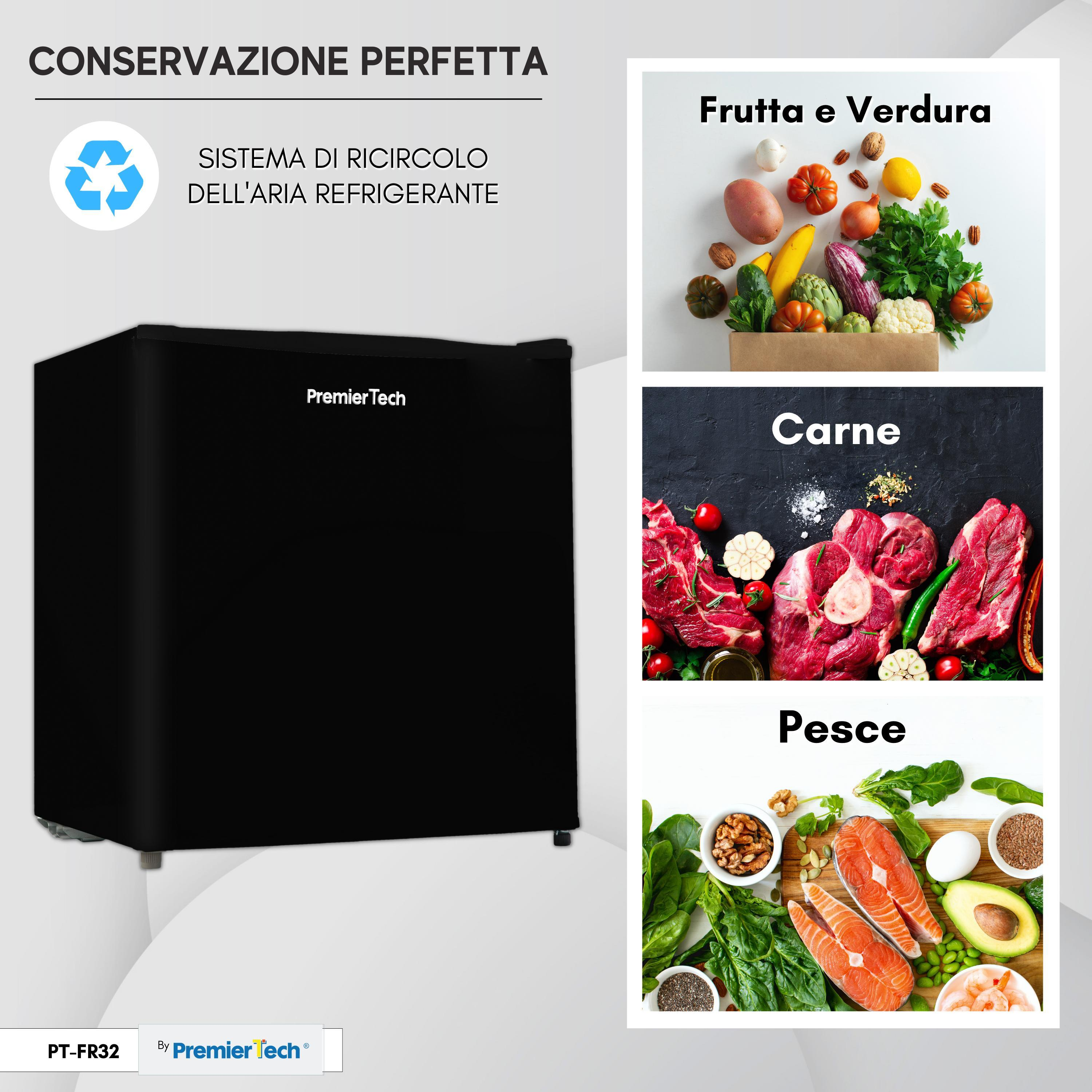 Mini-frigorifero PremierTech nero. Mostra sezioni per frutta/verdura, carne e pesce.