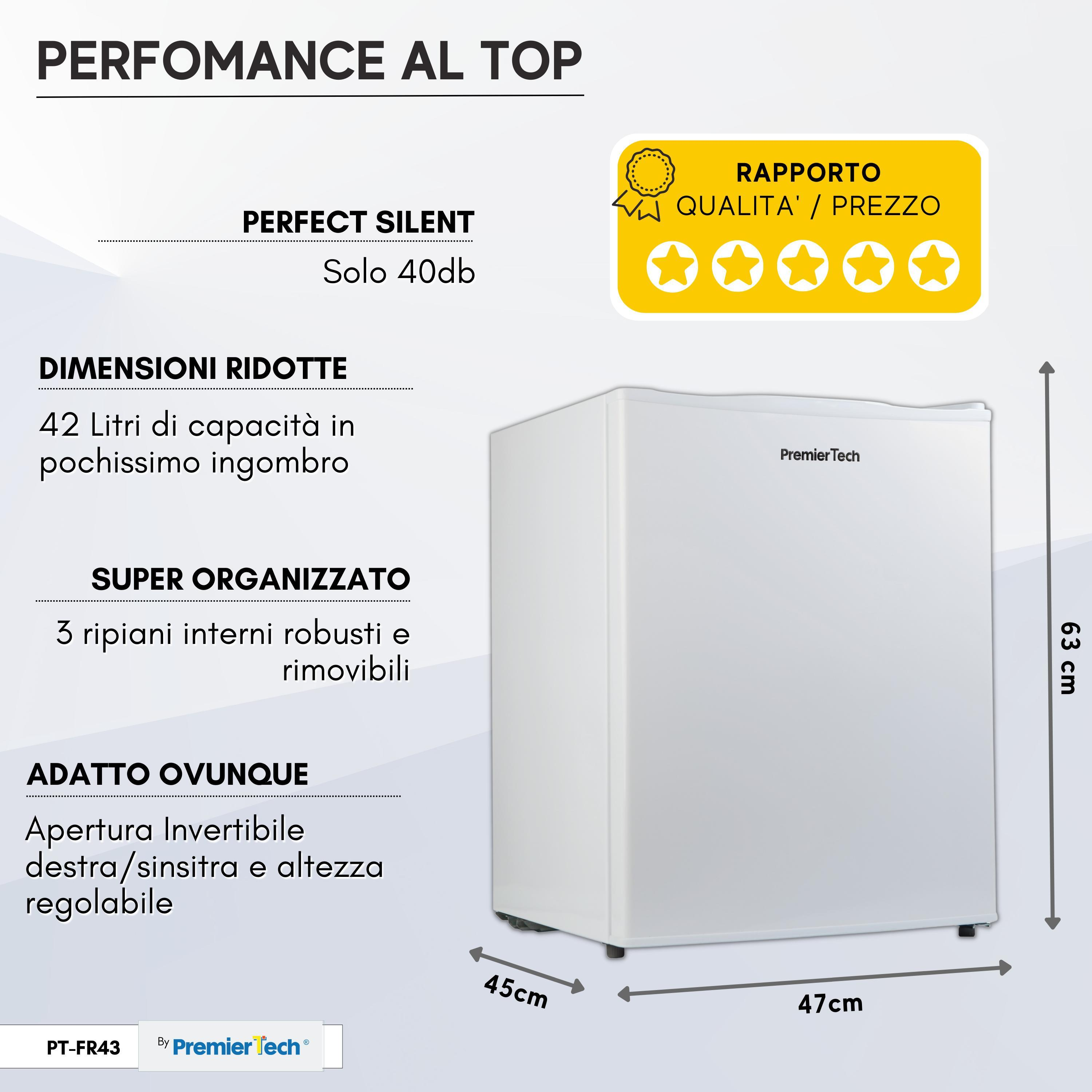 Mini-frigorifero bianco con testo, diagrammi e dimensioni su sfondo blu.