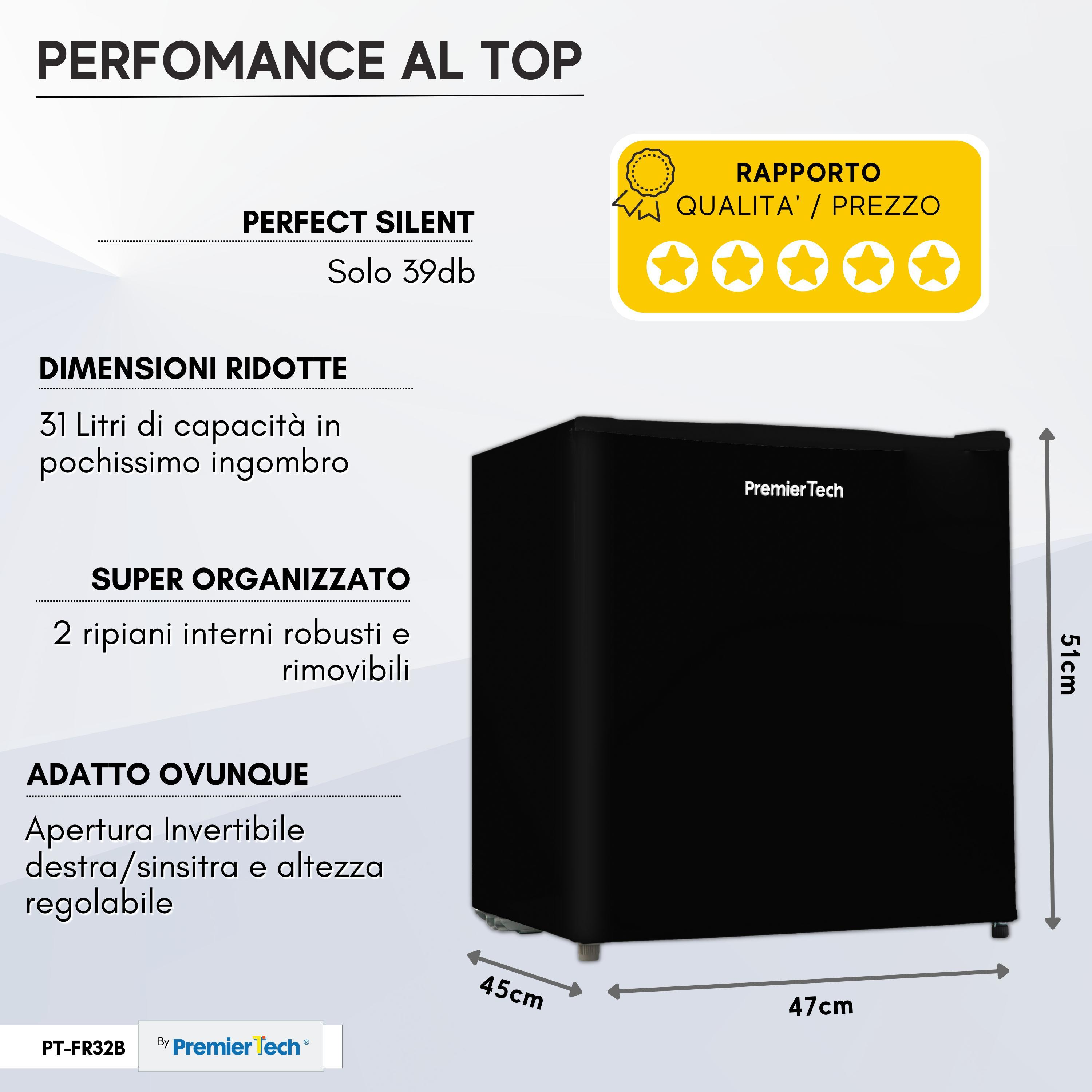 Mini-frigorifero PremierTech nero con dimensioni in cm ed etichette di testo. Il mini-frigorifero ha una porta nera.