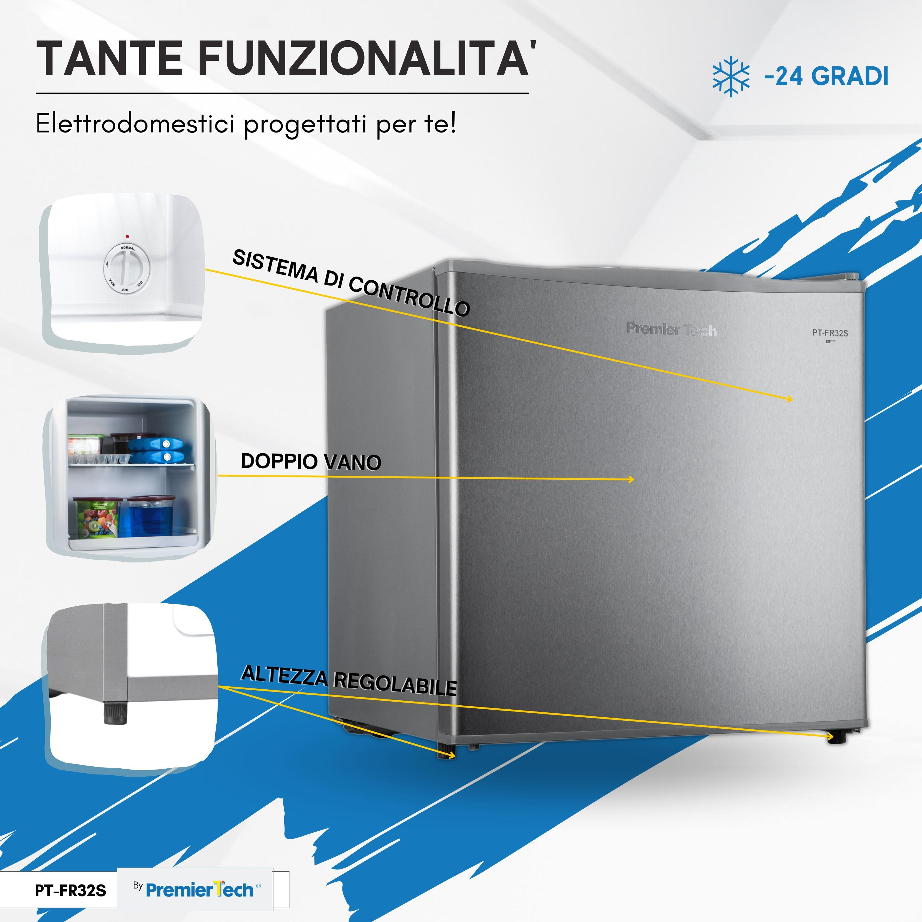 Mini-frigorifero PremierTech argento. Caratteristiche: sistema di controllo, doppio vano, altezza regolabile.