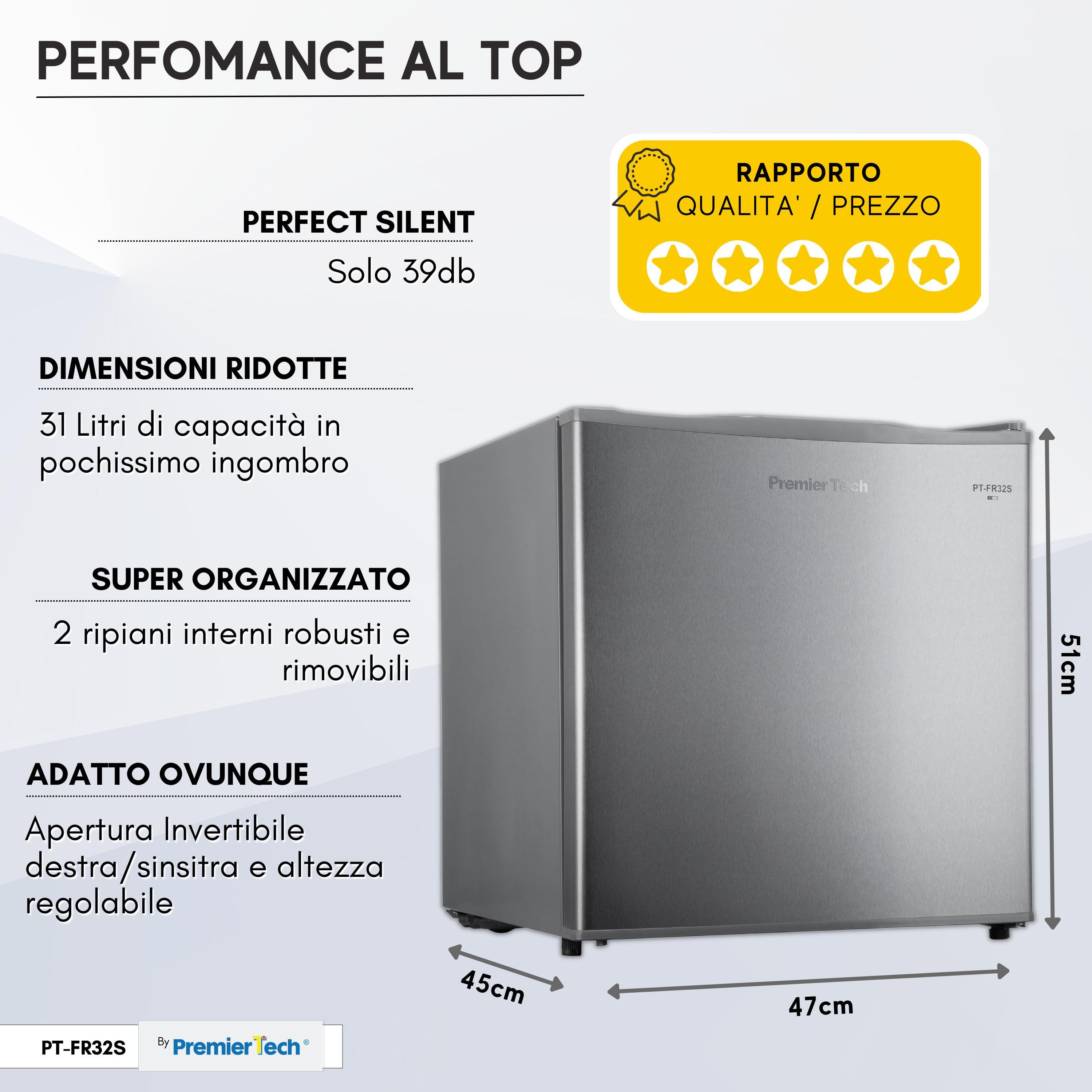 Un mini-frigorifero argentato con caratteristiche, che mostra le dimensioni e una valutazione qualità/prezzo.